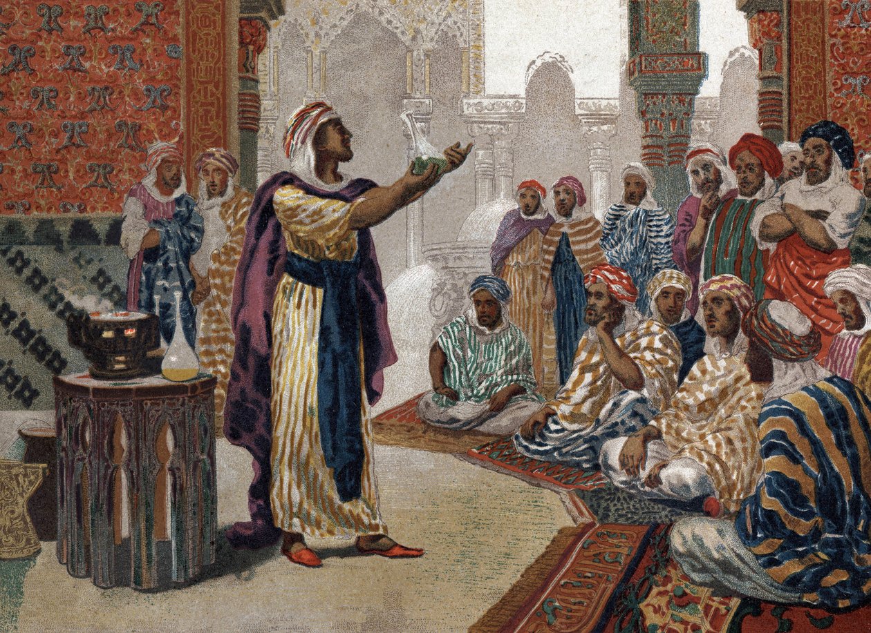 De Arabische alchemist Geber (Jâbir ibn Hayyan) (ca. 721-ca. 815), etsende chemie. Barcelona 1881 door Unknown artist