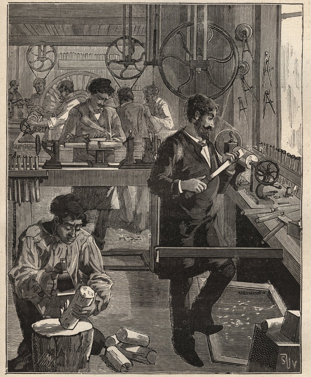 De kunst van draaien: draaierwerkplaats op hout. Gravure uit 1885 in 