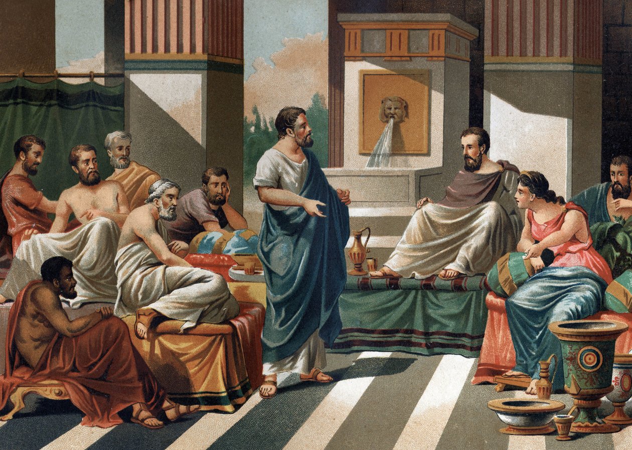 Het Banket van Periander (Tiran of Koning van Korinthe) voor de zeven wijzen van Griekenland. van links naar rechts: Bias, Esop, Anacharis, Cleobule, Solon, Pythagoras, Periander en zijn vrouw Melisse. Na 