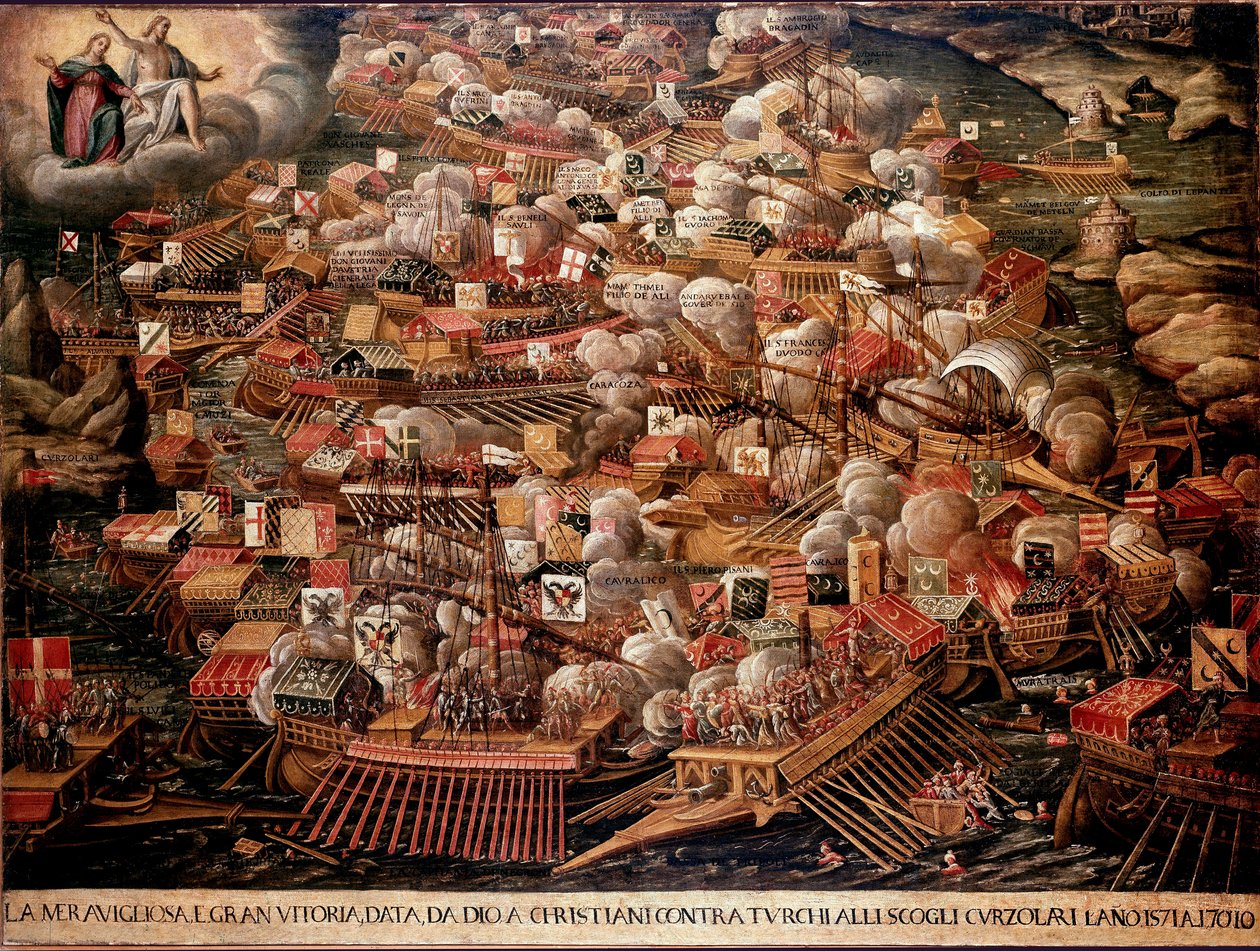 De Slag bij Lepanto voor de kust van Griekenland tussen Spaanse, Venetiaanse en pauselijke troepen tegen de Ottomanen in 1571. Anoniem schilderij. 16e eeuw. Venetië, Museo Correr door Unknown artist