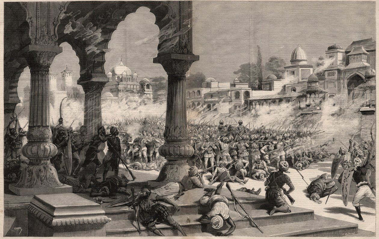 De Slag om Manipur - Britse Indiase opstanden - bloedbad van een colonne van ongeveer 500 Engelse soldaten, opgeroepen door de Maharadja wiens onderdanen in opstand kwamen in Manipur (gebied aan de grenzen van Assam en Birma) in India door Unknown artist