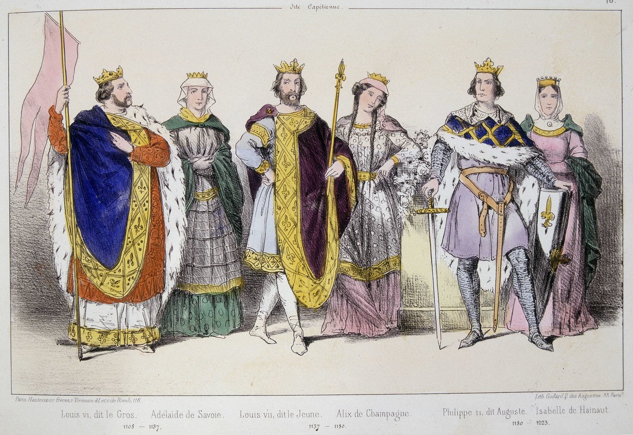 De Capetingen. Van links naar rechts: Lodewijk VI de Dikke (1081 - 1137), Adelaide of Alix van Savoye (? -1154), Lodewijk VII de Jonge (1120 - 1180), Alix van Champagne (1140-1206), Filips II Augustus (1165-1223) en Isabelle van Henegouwen (1170-1190) door Unknown artist
