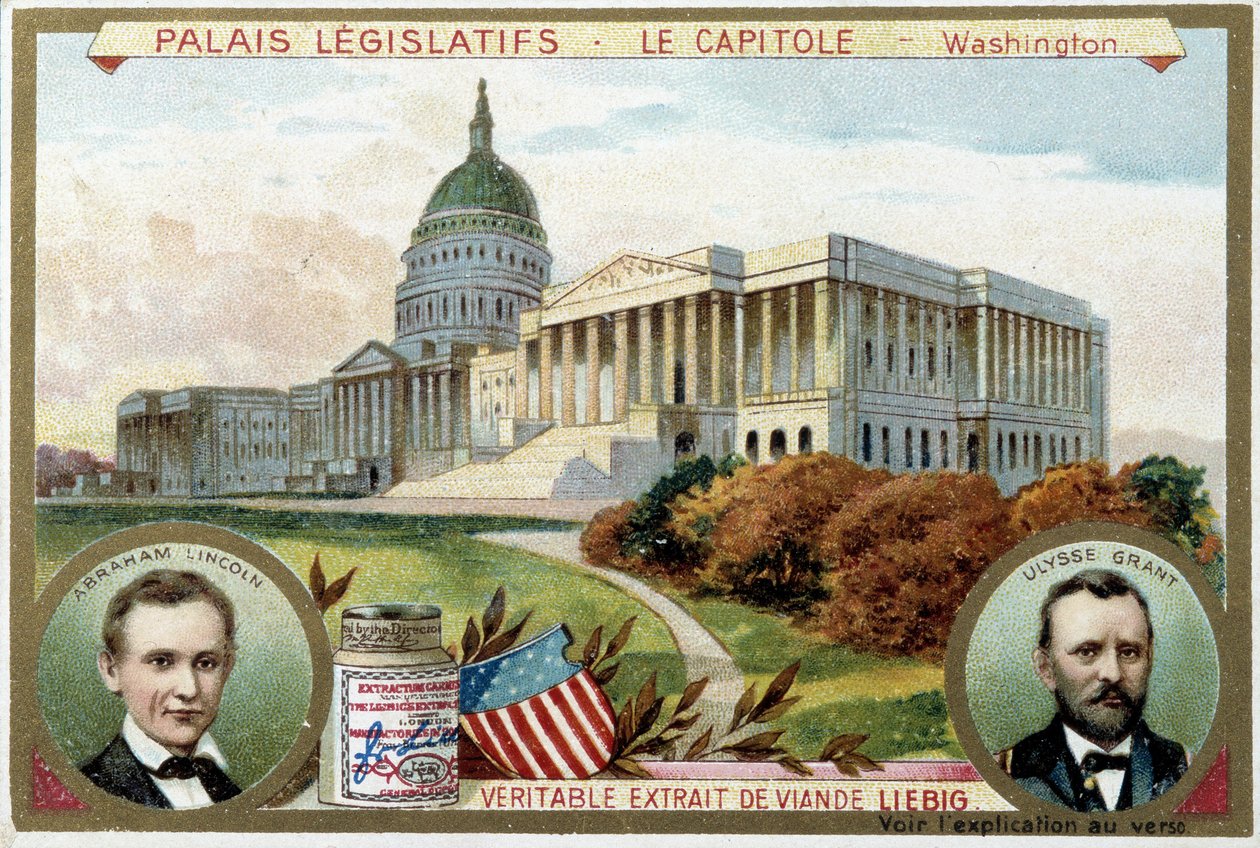 Het Capitool, Amerikaans Congrespaleis, Washington (VS), met portretten van Abraham Lincoln (1809-1865) en Ulysses Grant (1822-1885) - Liebig chromolithografie door Unknown artist
