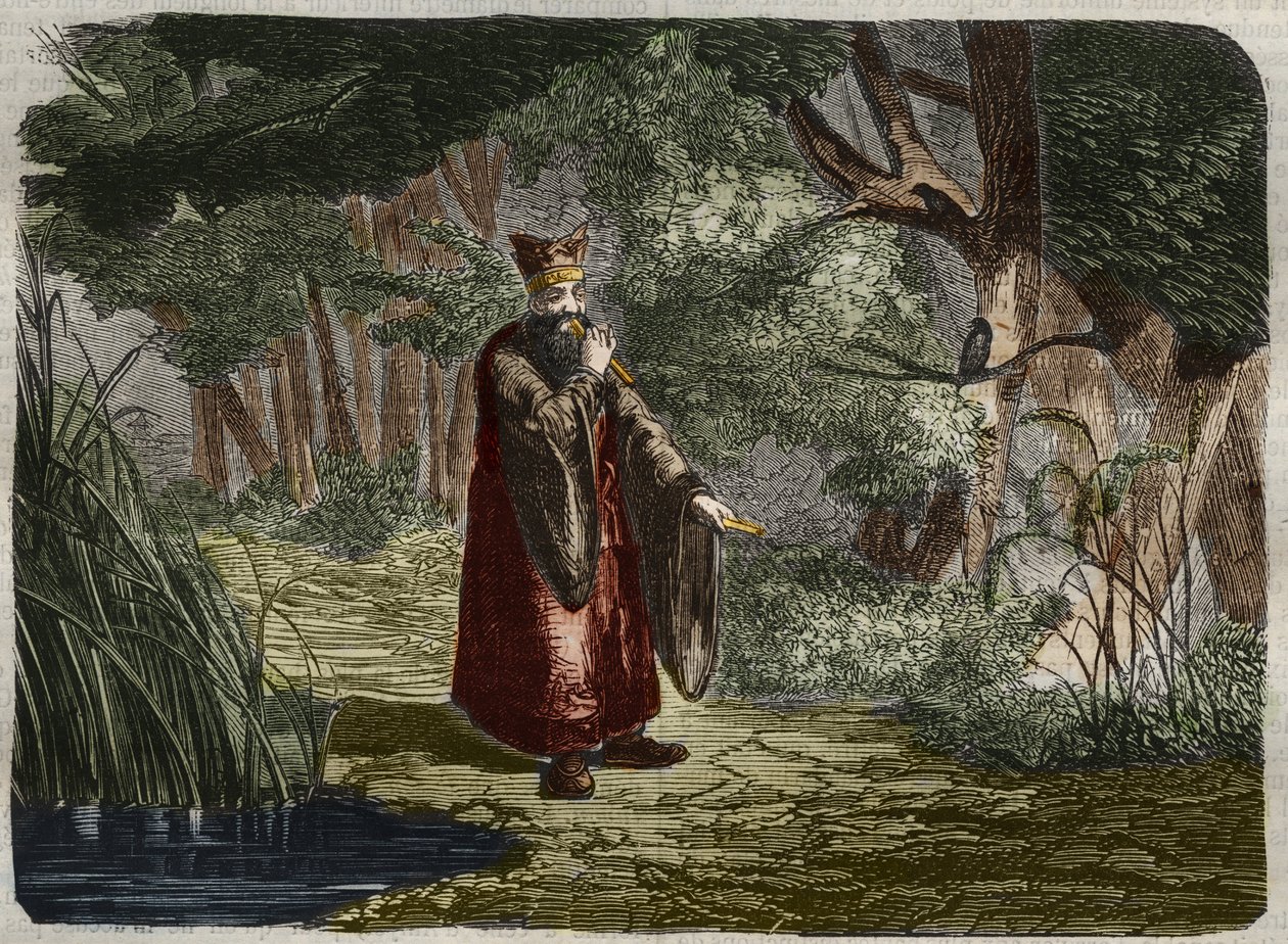 De Chinees Ling Mon (Ling-lun) ontdekt de stemming door in de stengel van een bamboe te blazen. 27e eeuw v.Chr. Gravure uit 1859 in 