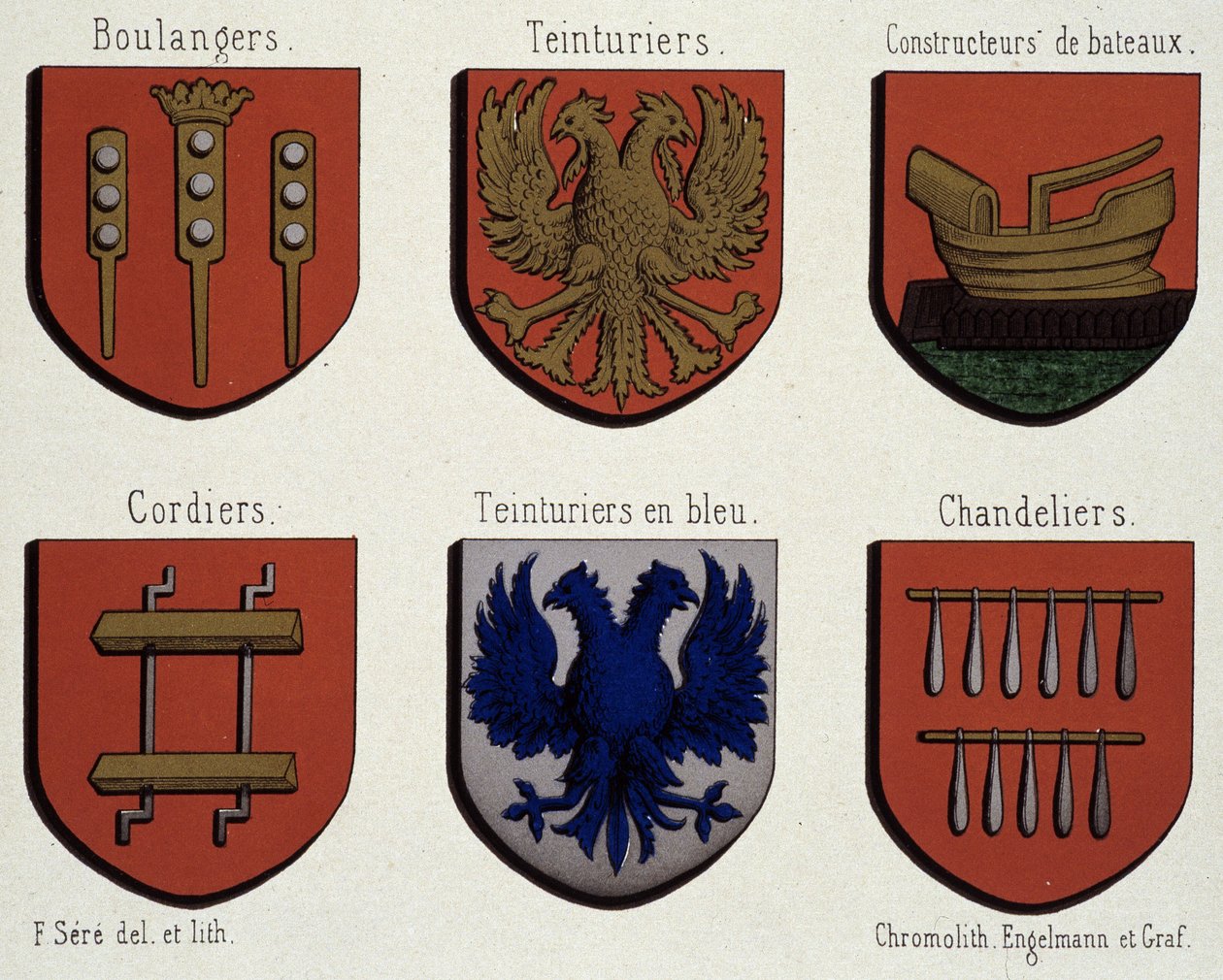 De wapens van Gent (Voorbeeld van de wapens van de Middeleeuwen): Bakkers, Verfers, Bootbouwers, Touwslagers, Blauwe verfers, Kaarsenmakers door Unknown artist
