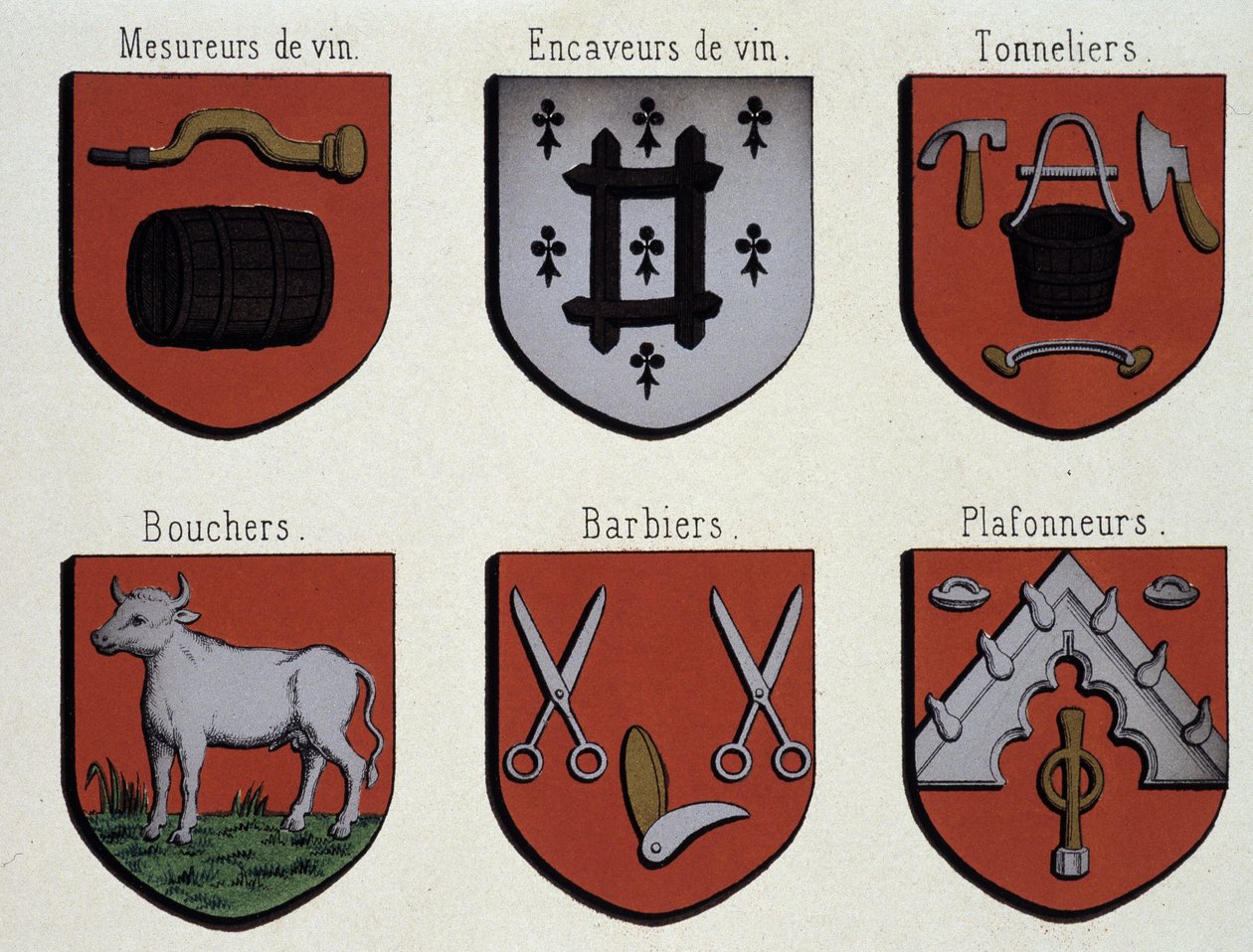 De wapenschilden van Gent (Specimen van wapenschilden uit de Middeleeuwen): Wijnmeesters, Wijnkelders, Kuipers, Slagers, Kappers, Plafonneurs door Unknown artist