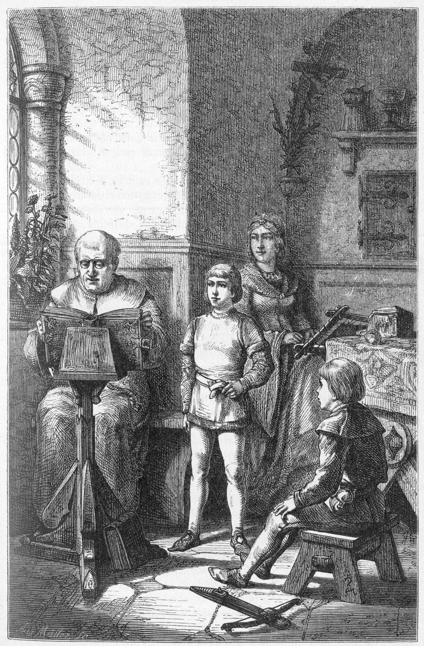 De Constance Eveque leest de Duitse geschiedenis in Conrad, bekend als Conradin de Hohenstaufen (1252-1268) en Frederik I van Baden-Baden (Friedrich I von Baden-Baden) door Unknown artist