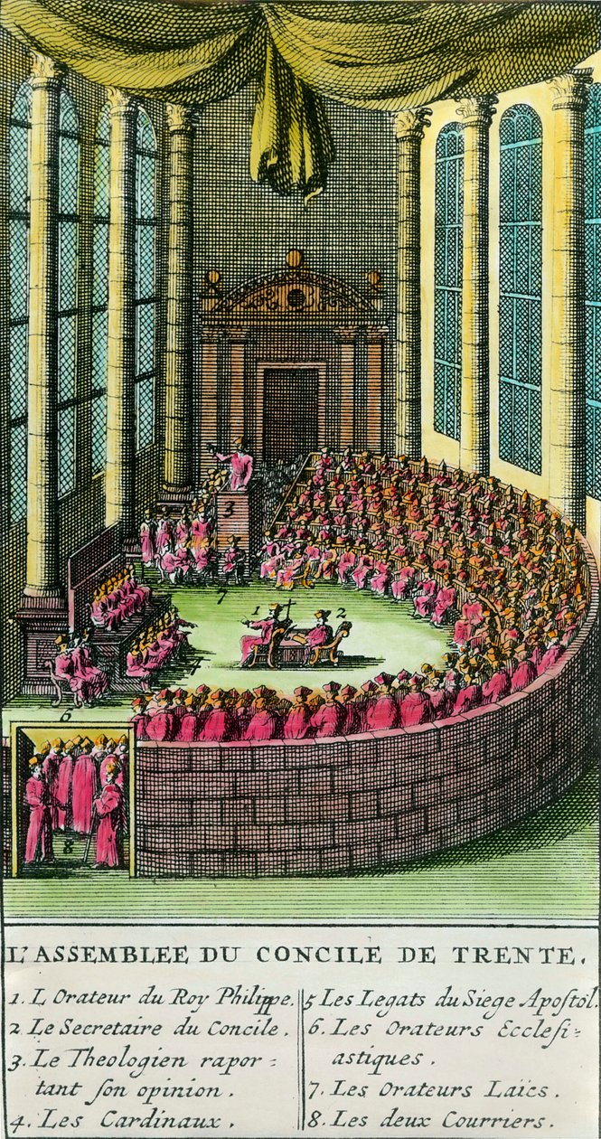 Het Concilie van Trente. Illustratie met de beschrijving van de aanwezige leden. Het Concilie van Trente werd bijeengeroepen door paus Paulus III (vertegenwoordiger van de Rooms-Katholieke Kerk) in 1545, als reactie op verzoeken van Maarten Luther in de v door Unknown artist