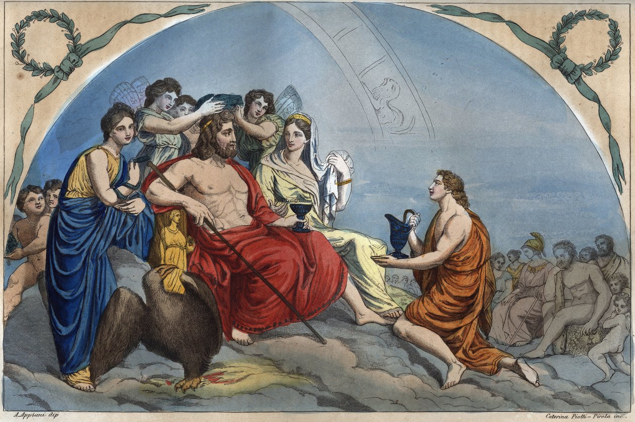 De Raad van de Goden (of Vergadering van de Goden): Zeus op Olympus omringt door godheden - Olympus gravure uit 