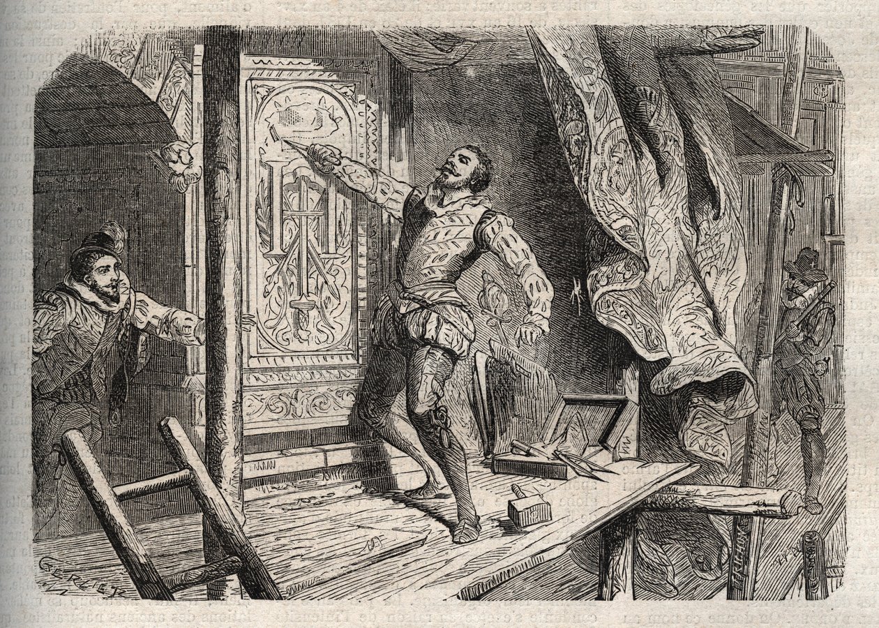 De dood van Jean Goujon (1510-1562 of 1569), gestorven volgens een legende in 1572, tijdens de Saint Barthelemy - gravure in 