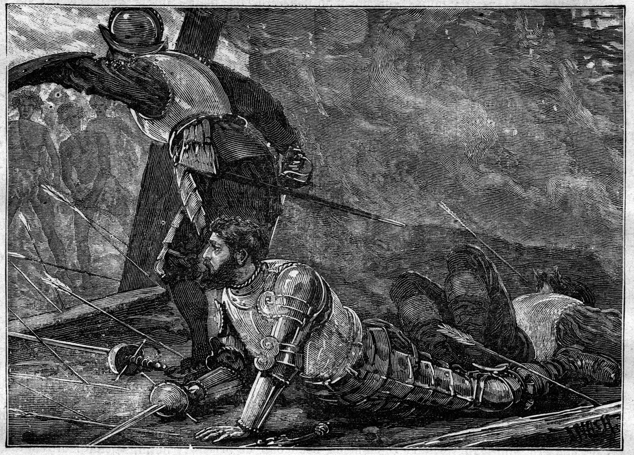 De dood van Juan de la Cosa (1460-1510) cartograaf, conquistador en Spaanse ontdekkingsreiziger in Cartagena, Colombia - gravure van 1887 door Unknown artist