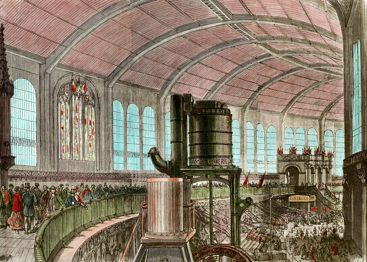 De Eiffelmachinetentoonstelling op de Wereldtentoonstelling van 1867. Gravure uit de 19e eeuw door Unknown artist