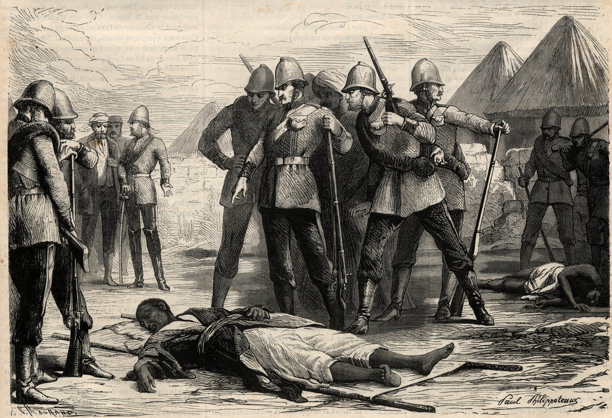De keizer (negus) van Ethiopië Theodoros II (Tewodros) stierf op 13 april 1868 na de verovering van Magdala door de Engelsen, waar de negus zich had teruggetrokken. Gravure in 