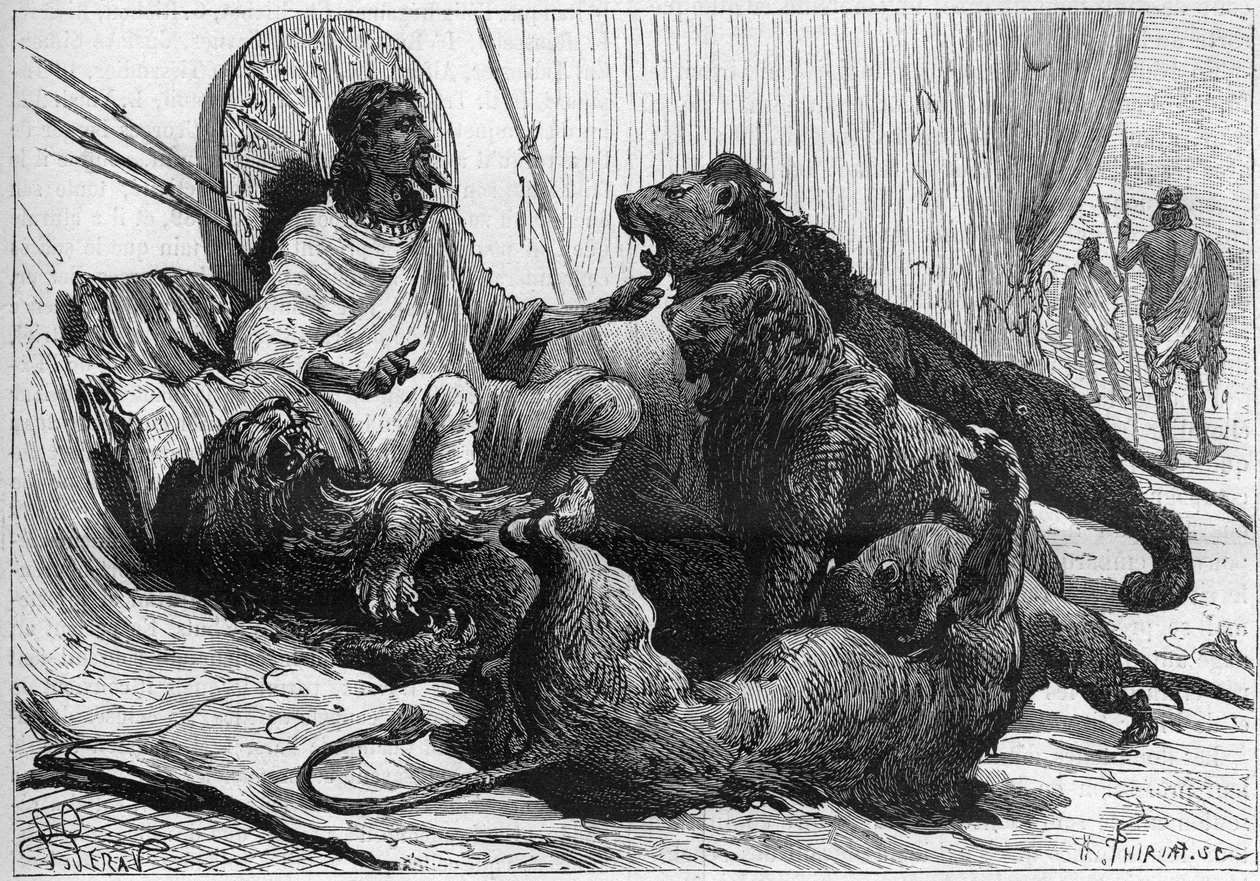 De keizer (ras) Theodoros van Abessinië omringt zijn leeuwen. In "Nature" van 1888 door Unknown artist