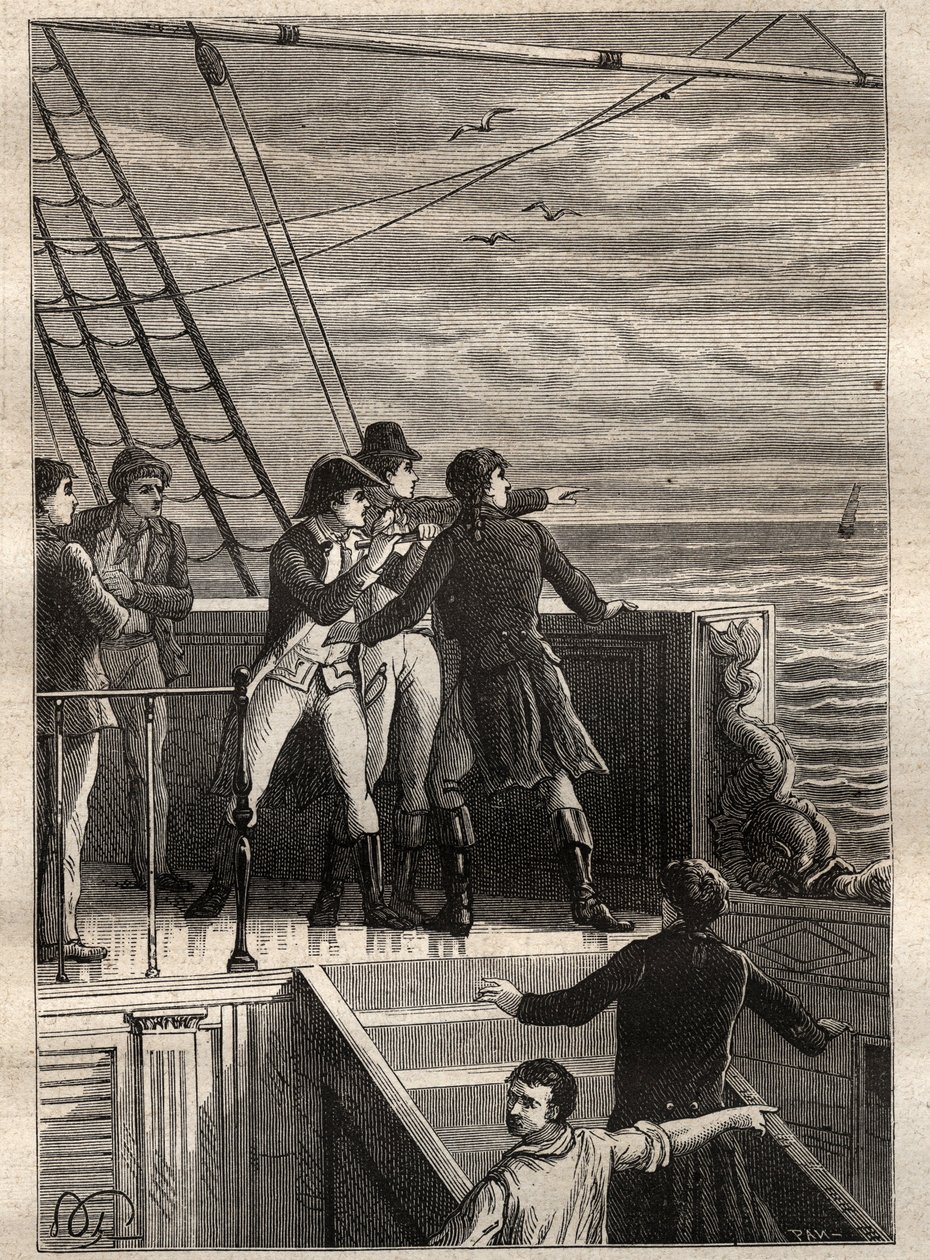 De Expeditie naar de Zuidelijke Landen (1800-1803) door Nicolas Baudin (1754-1803): zeelieden bij Nieuw-Holland (Australië) melden een sluier aan de horizon - illustratie uit 