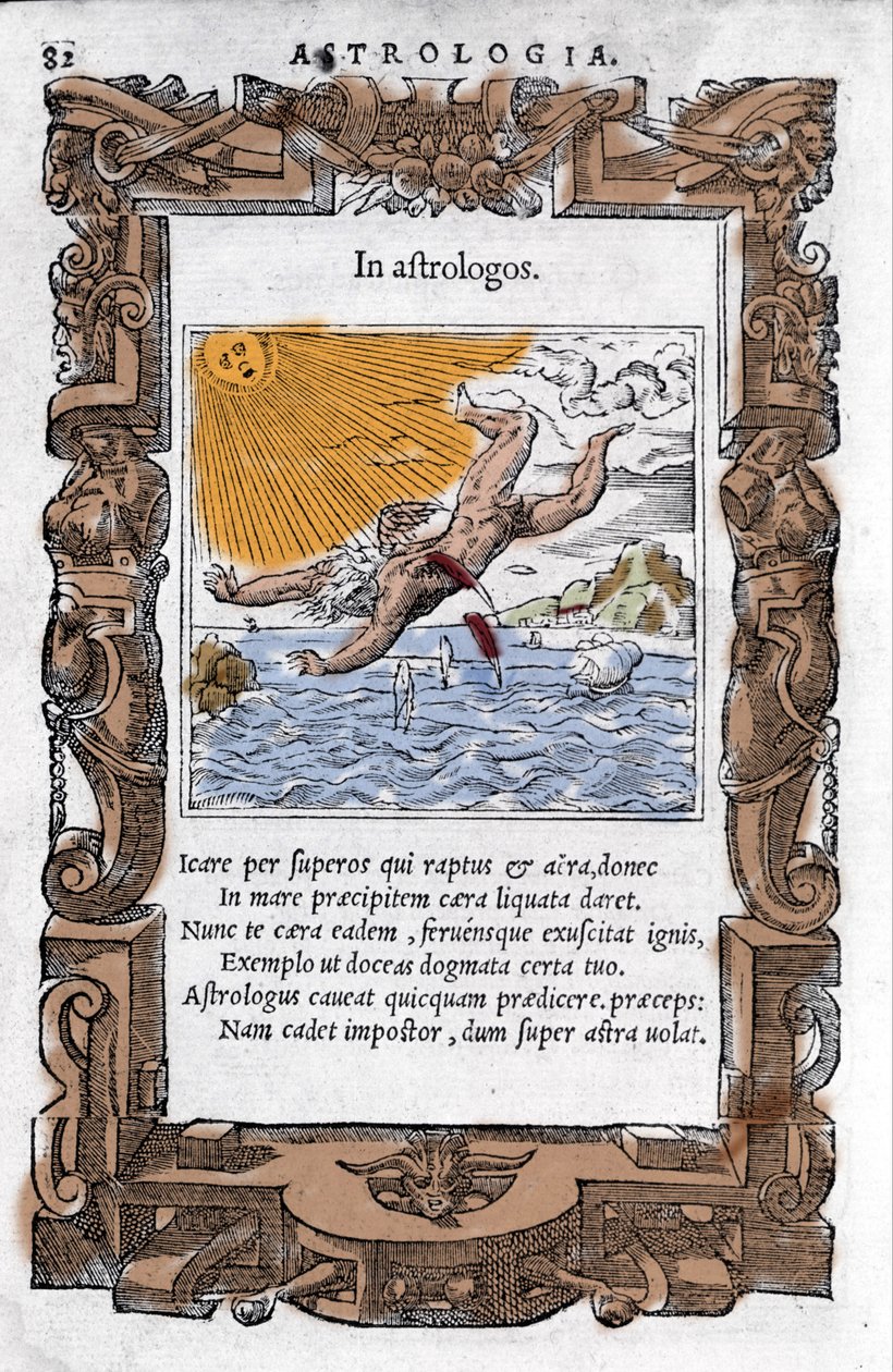 De val van Icarus. Kleurrijke xylografie uit de 16e eeuw door Unknown artist