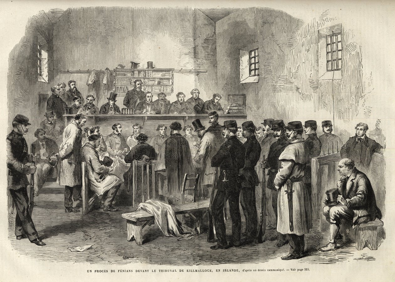De Fenische Opstand, Onderzoek naar Mr. Cleary in het Gerechtsgebouw van Kilmallock - 1867 - gravure uit 