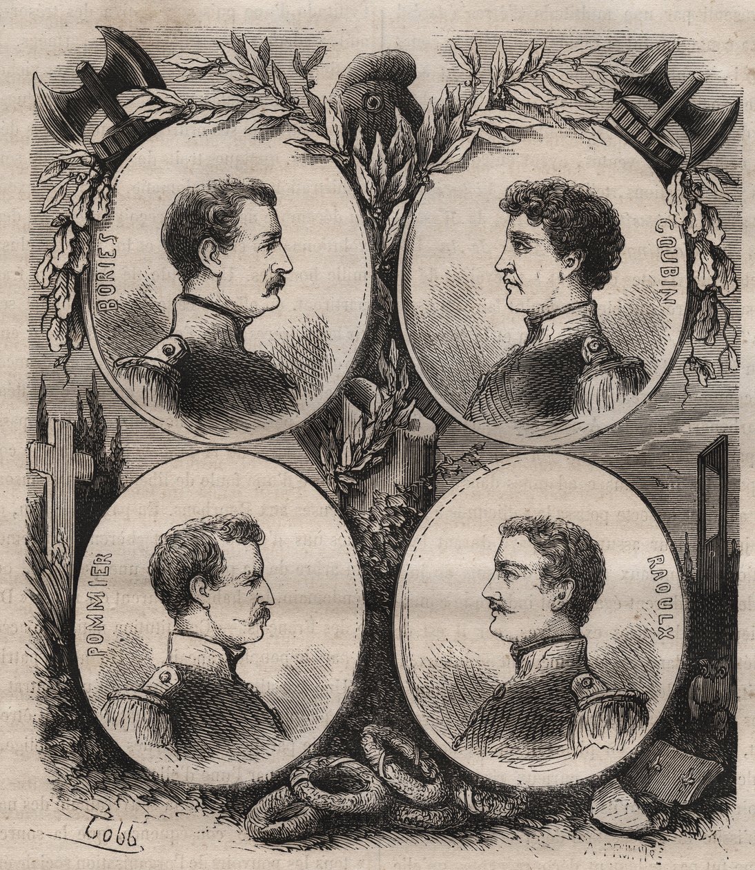 De Vier Sergenten (Jean Francois Bories, Jean Joseph Pommier, Marius Claude Raoulx en Charles Goubin) van La Rochelle beschuldigd onder de Restauratie van het willen omverwerpen van de monarchie en geguillotineerd in 1822 door Unknown artist