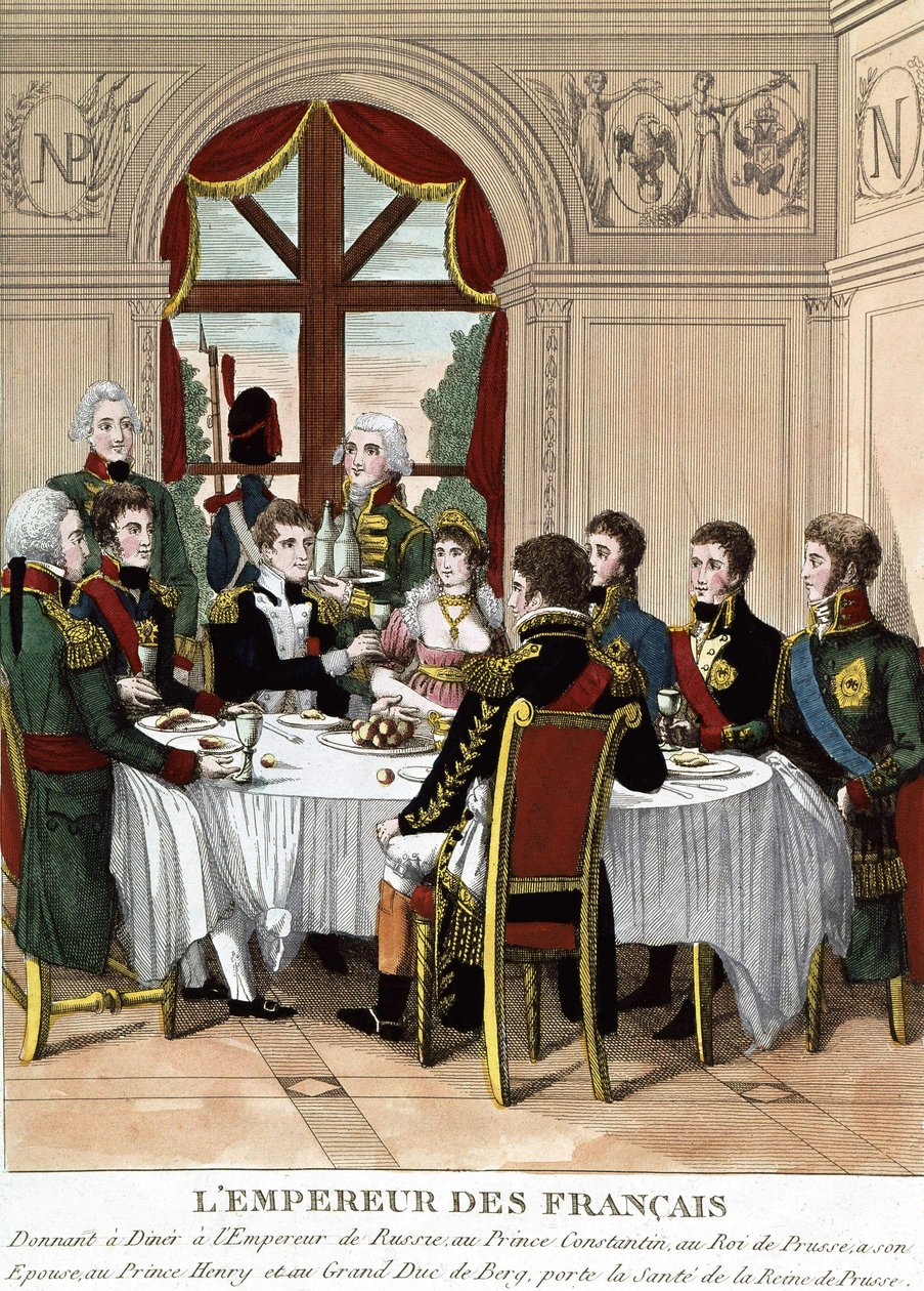 De Franse Keizer Napoleon I in Tilssit ontvangt de Keizer van Rusland, Prins Constantijn, de Koning van Pruisen, zijn vrouw, Prins Hendrik en de Groothertog van Bert, brengt een toost uit op de gezondheid van de Koningin van Pruisen. Gravure uit het begin  door Unknown artist