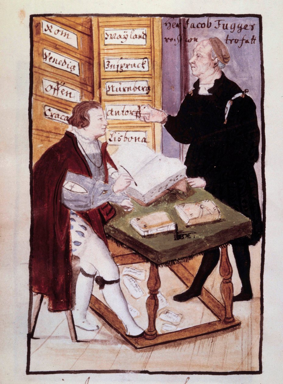 De Duitse bankier Jacob Fugger in zijn kantoor met zijn Duitse accountant Matthaus Schwarz door Unknown artist
