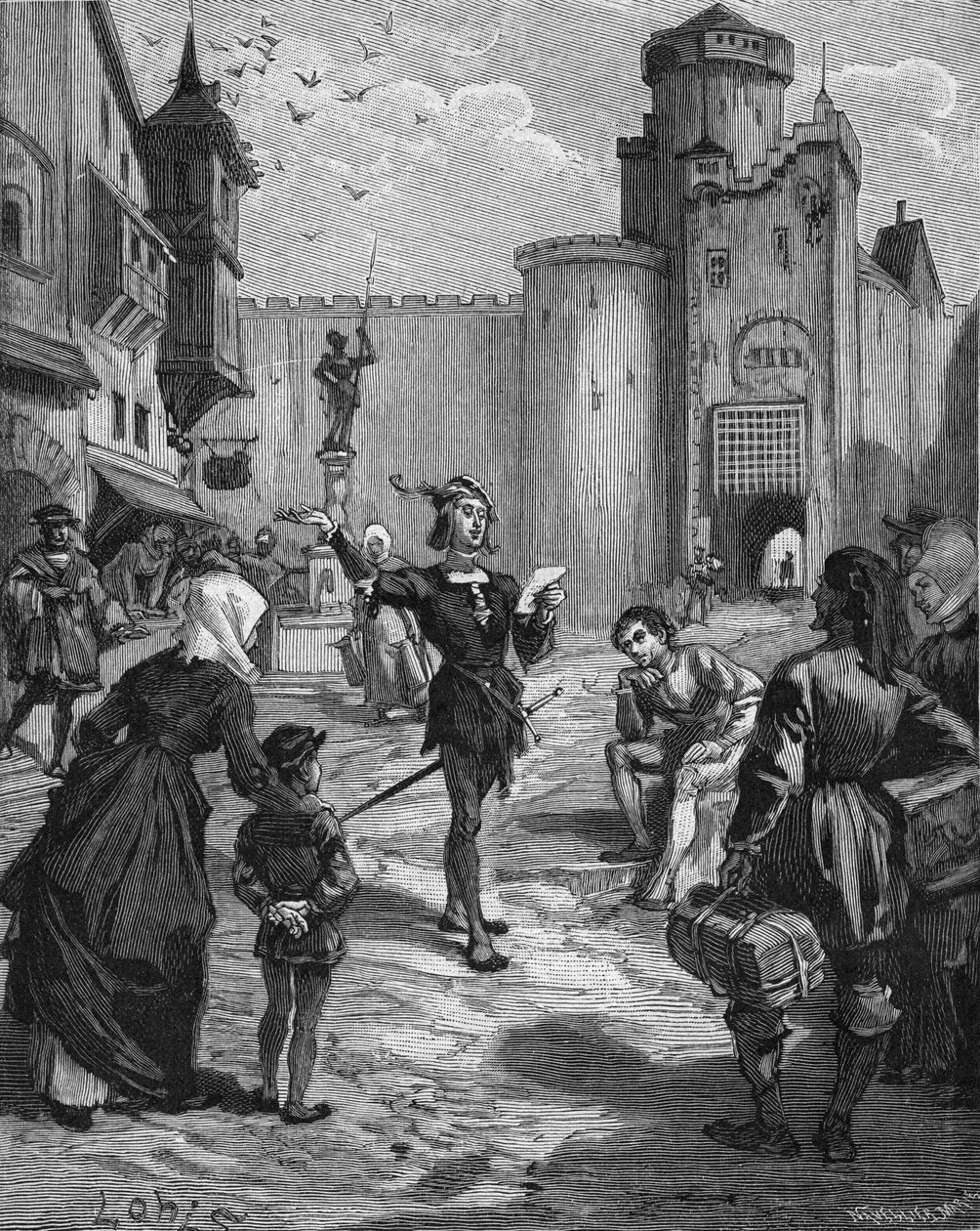 De Duitse ridder, dichter en humanist Ulrich von Hutten (1488-1523) declameert een van zijn gedichten op straat. Gravure uit de 19e eeuw. In 