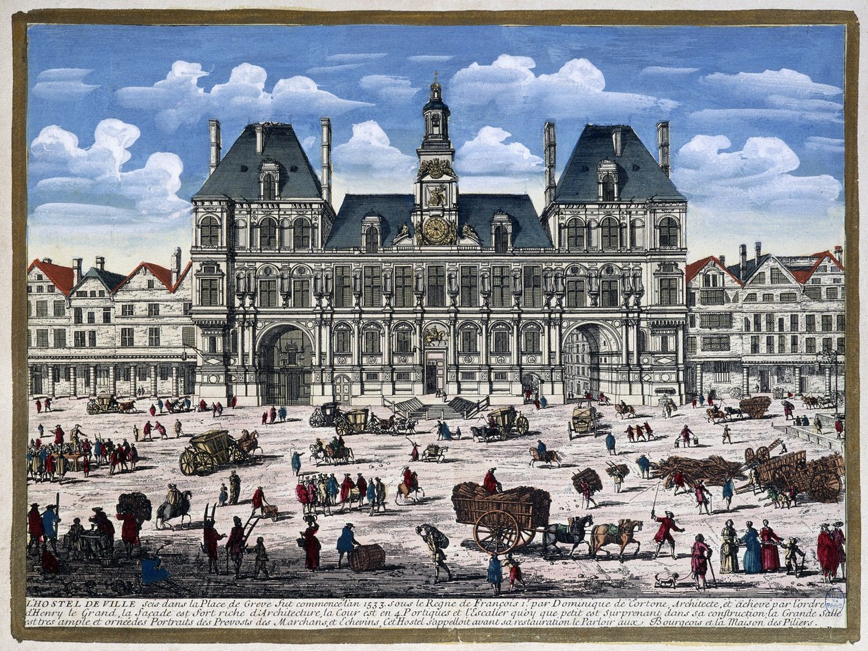 Het Hôtel de Ville de Paris en zijn plein in de 16e eeuw - gravure door Unknown artist