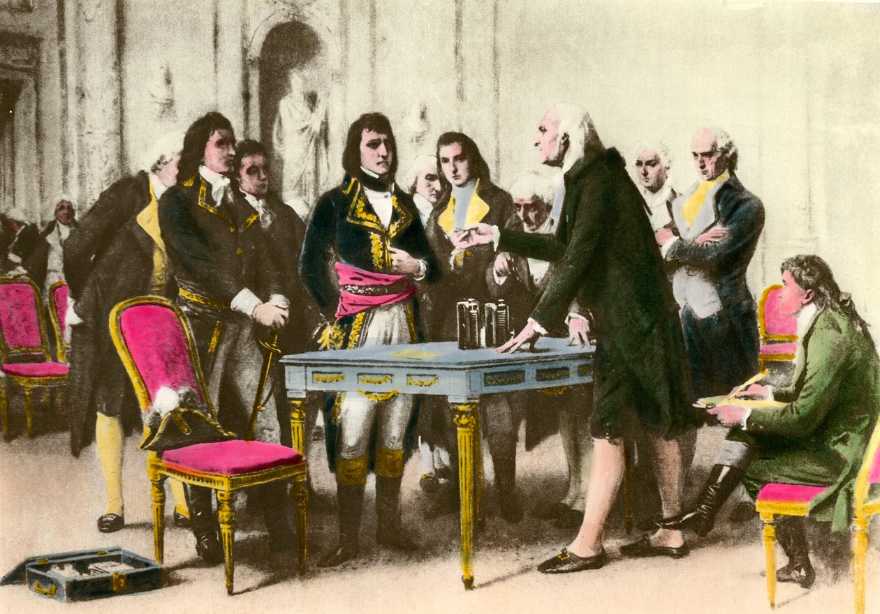 De Italiaanse natuurkundige Alessandro Volta (1745-1827) presenteert zijn batterij aan Napoleon Bonaparte. 1801 Privécollectie door Unknown artist