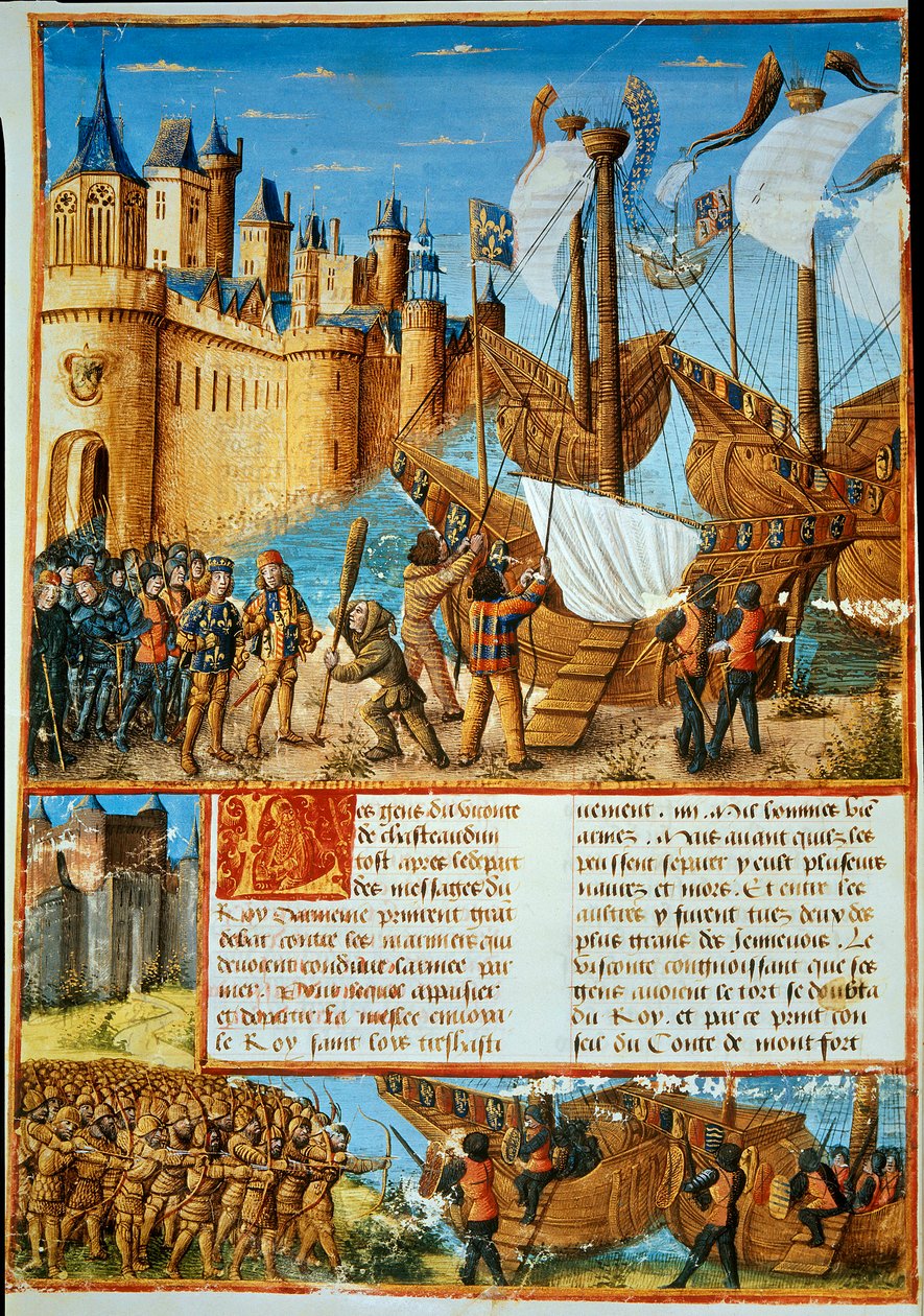 De koning van Frankrijk Lodewijk IX (Saint Louis) (1214-1270) gaat aan boord voor de zevende kruistocht. Miniatuur uit 