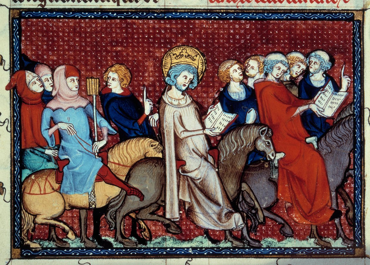 De koning van Frankrijk Louis IX (Saint Louis) (1214-1270) te paard vertelde zijn kapelaans zijn uren. Miniatuur uit een manuscript 