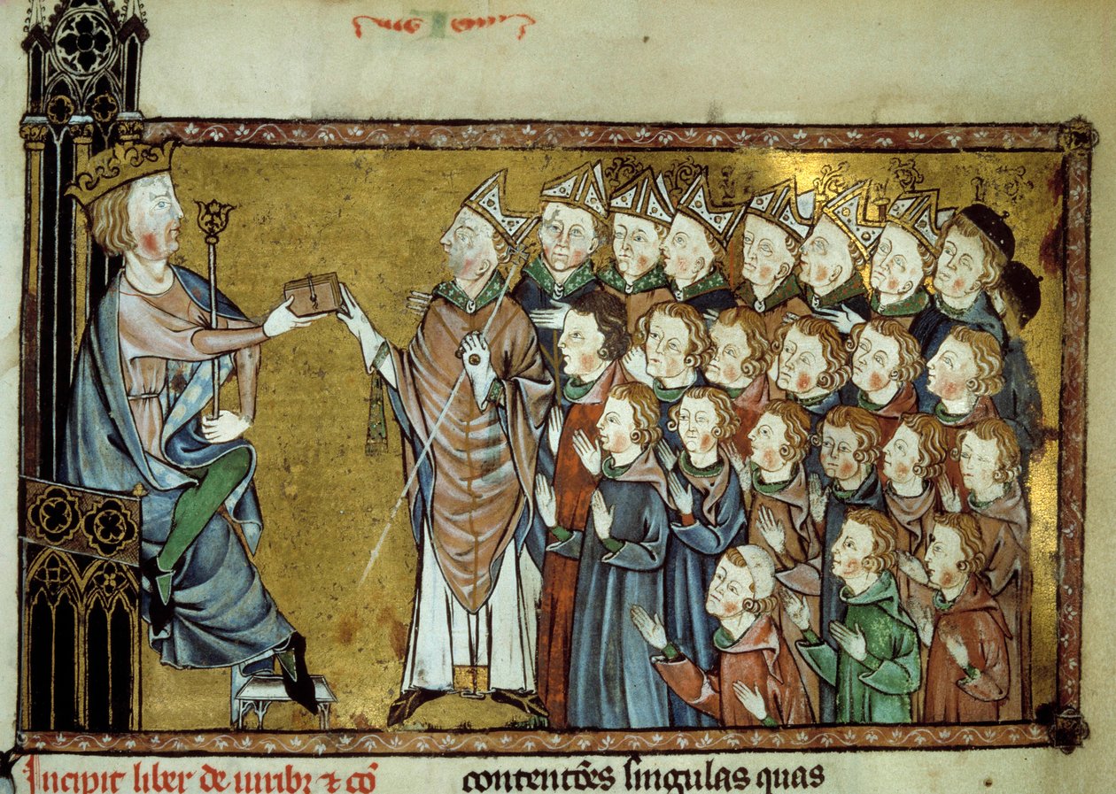 De koning van Frankrijk Lodewijk X de Hutin (1289-1316) overhandigde het Handvest aan de Normandiërs op 19/03/1315, wat meer onafhankelijkheid en minder belastingen voor het hertogdom Normandië betekende. Miniatuur uit een 14e-eeuws manuscript door Unknown artist