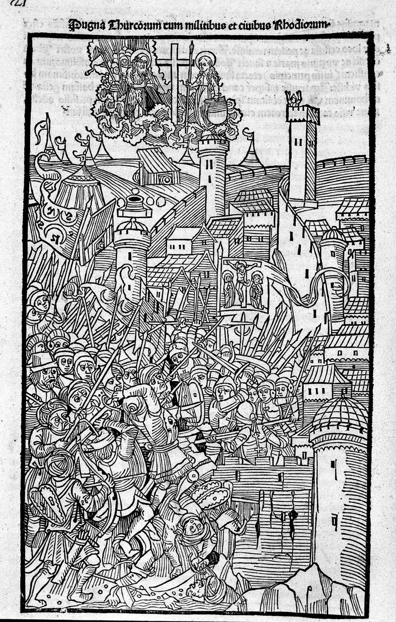 De Ridders van Rhodos (de Orde van de Hospitaalridders van Sint-Jan van Jeruzalem) vallen Rhode Island aan in 