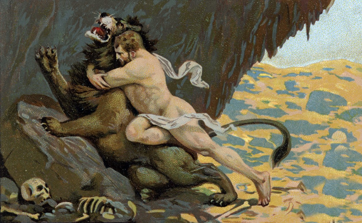 De werken van Hercules: Hercules en de leeuw van Nemee, begin 20e eeuw (chromo) door Unknown Artist