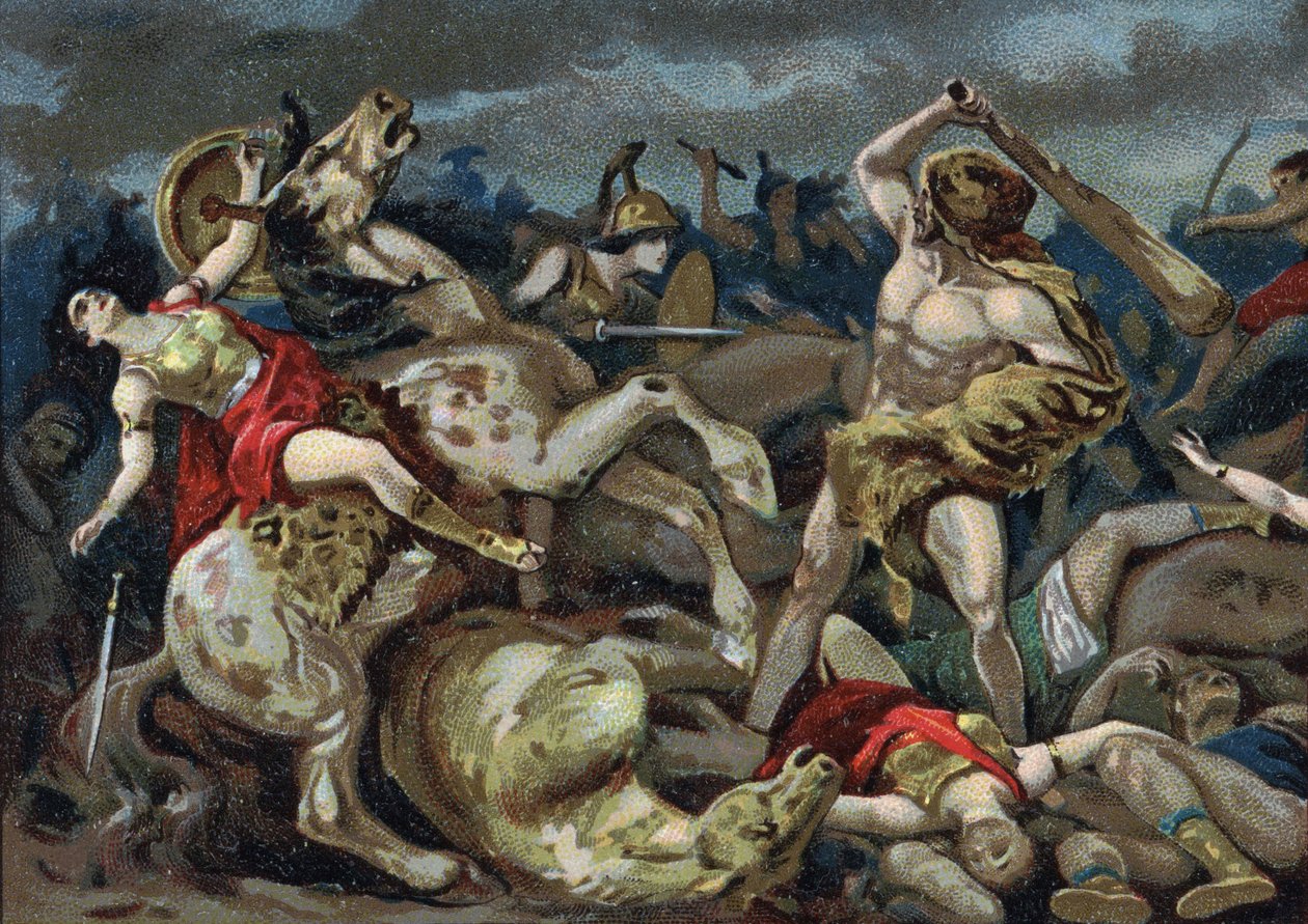 De werken van Hercules: Hercules pakt de riem bij Hippolyte, begin 20e eeuw (chromo) door Unknown Artist