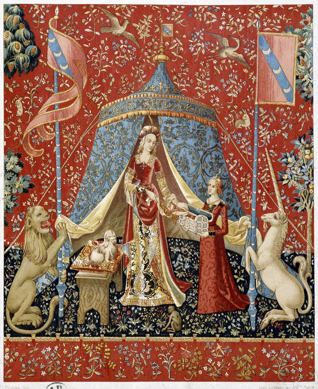 De dame met de eenhoorn. Reproductie van een wandtapijt uit 1500 - facsimile door Unknown artist