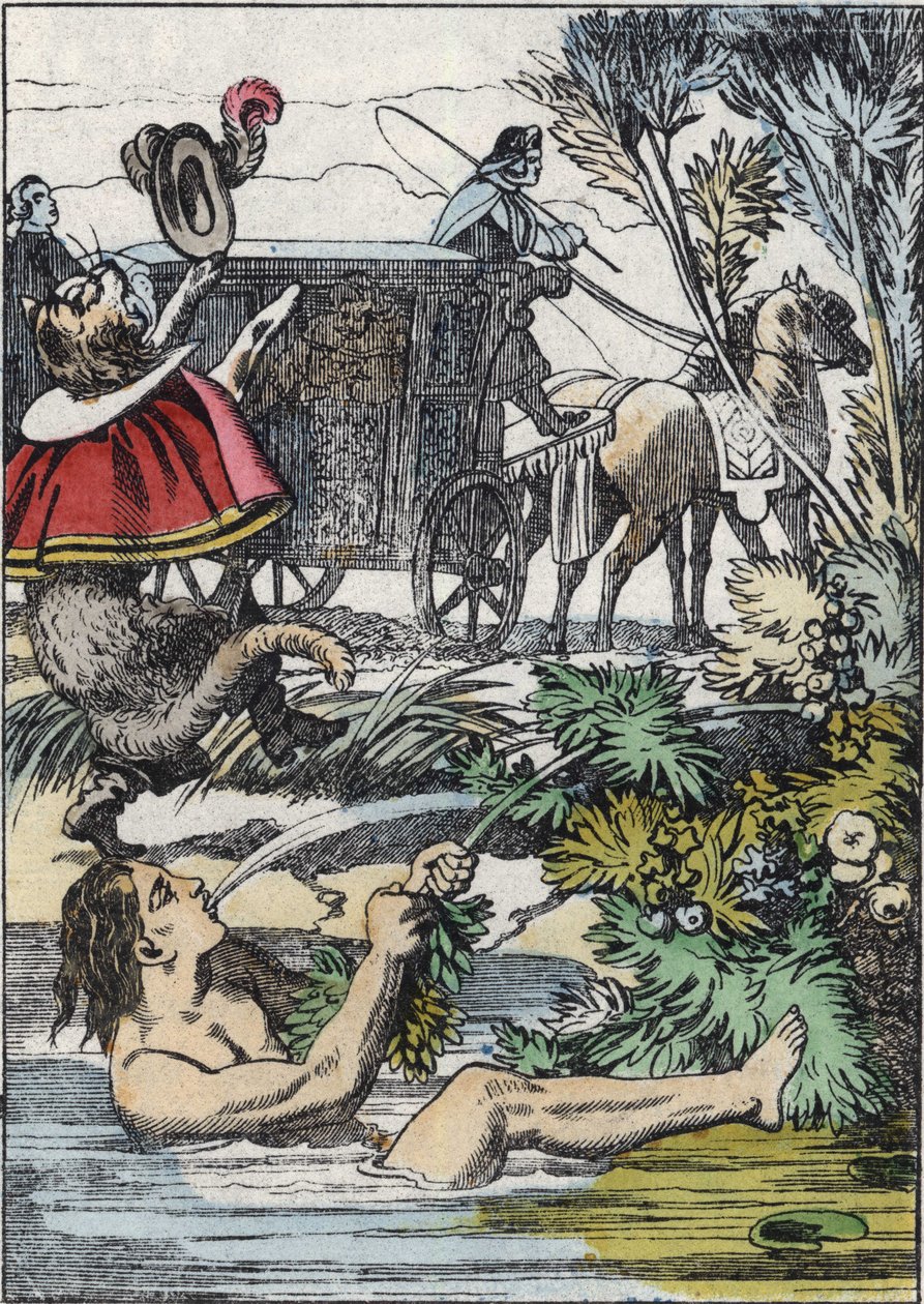 De Markies van Carabas doet alsof hij verdrinkt terwijl de laars kat om hulp roept (illustratie van het sprookje 
