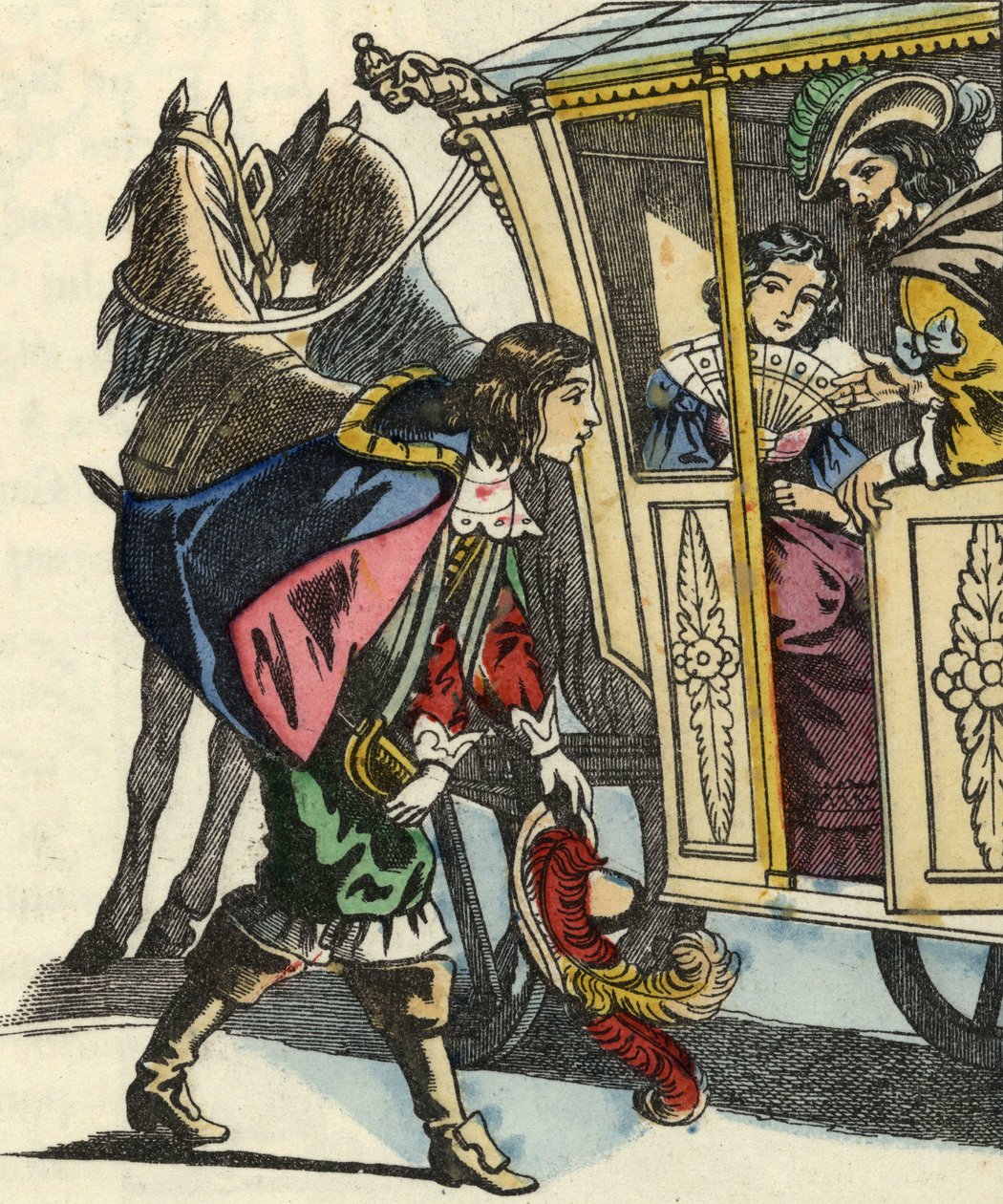 De Markies van Carabas begroet de koning en de prinses in hun koets. Illustratie van het sprookje 