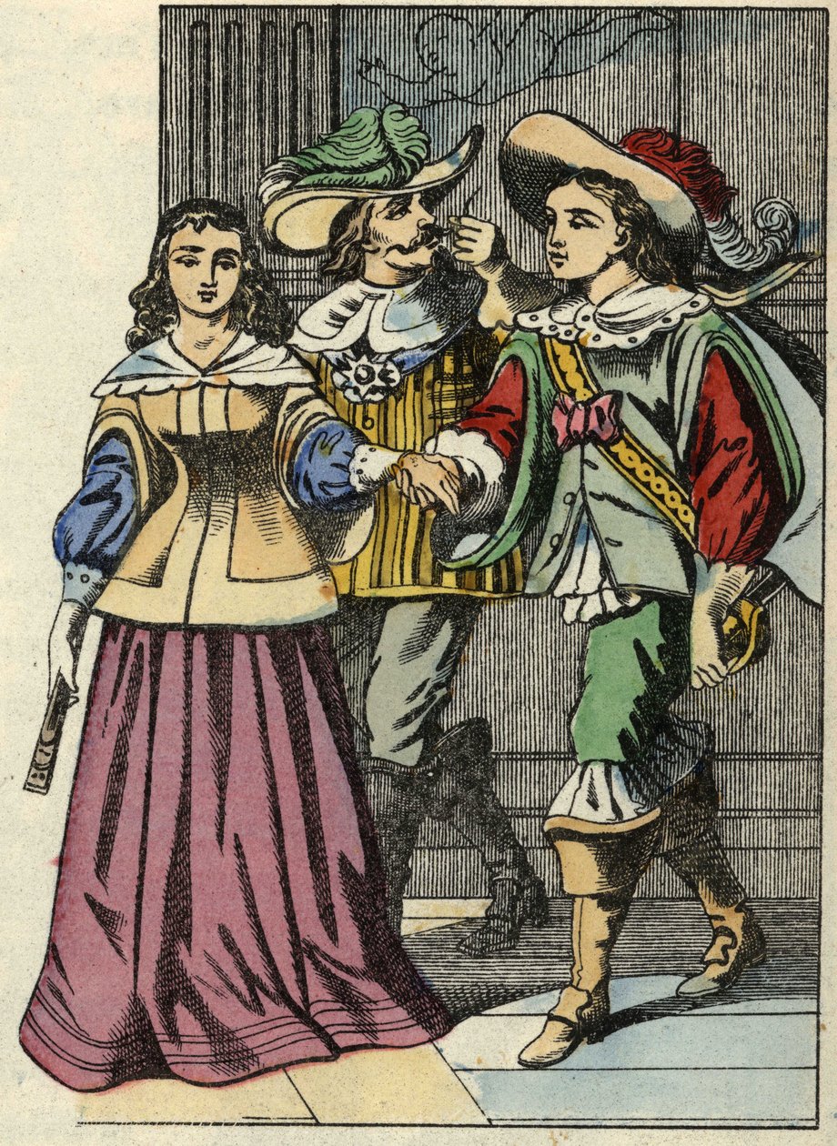 De Markies van Carabas, de prinses en de koning in het kasteel. Illustratie van het sprookje 