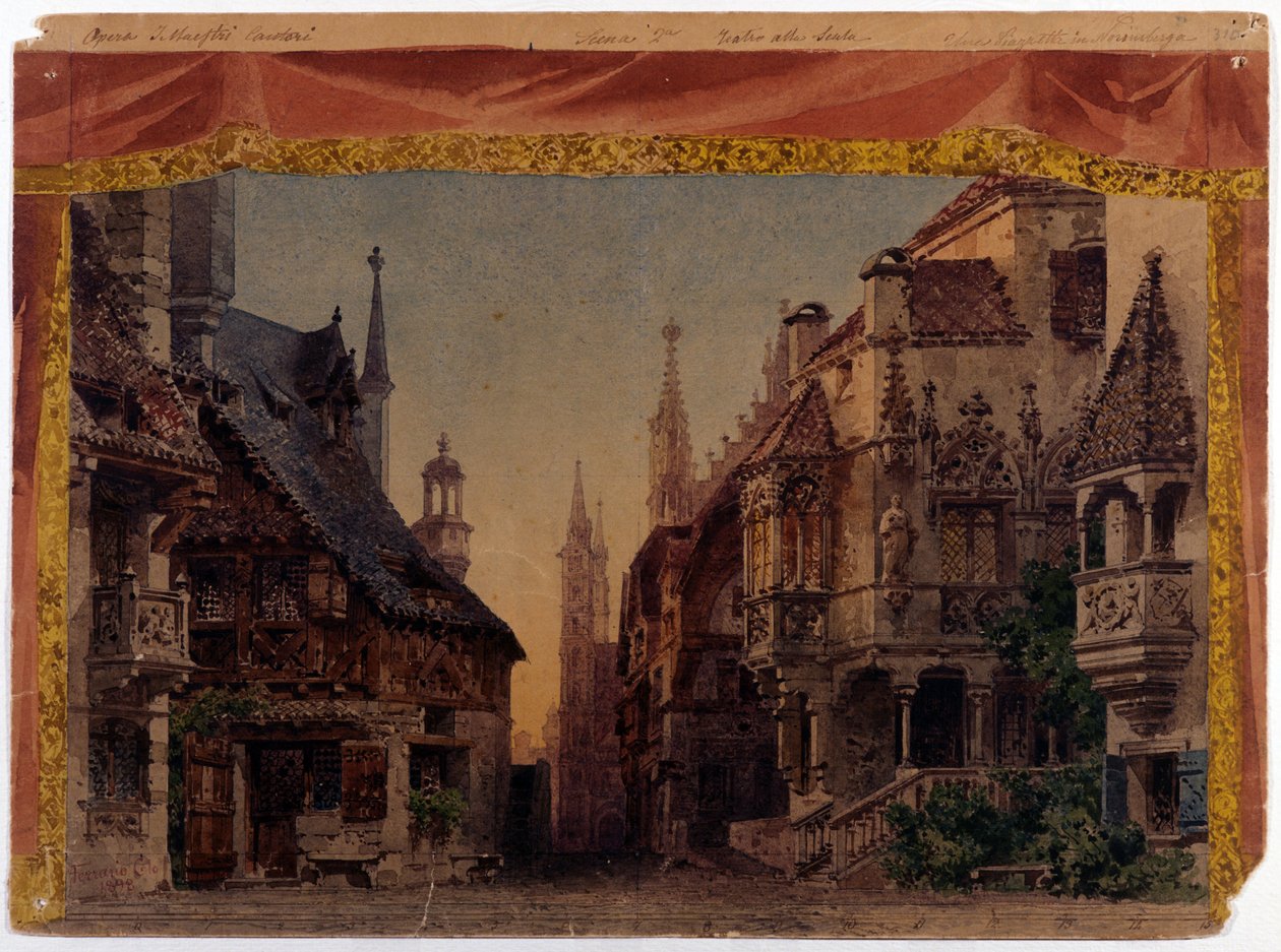 Die Meistersinger von Nürnberg (Les Maitres Chanteurs de Nuremberg), WWV 96, opera van Richard Wagner gecreëerd in 1868. Scenografie van Ferrario voor La Scala in Milaan door Unknown artist