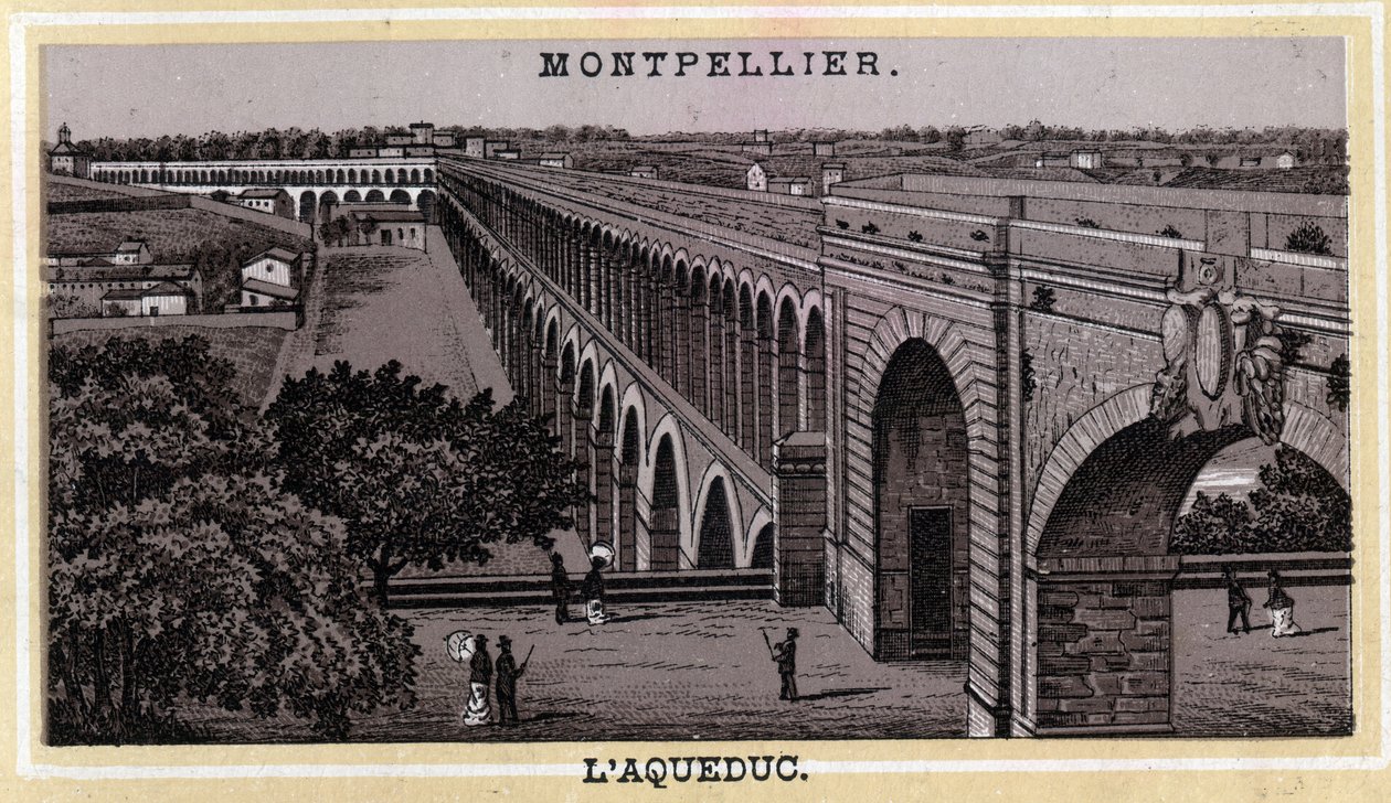 Het aquaduct van Montpellier (Herault, regio Languedoc-Roussillon). Chromolithografie van het einde van de 19e eeuw door Unknown artist