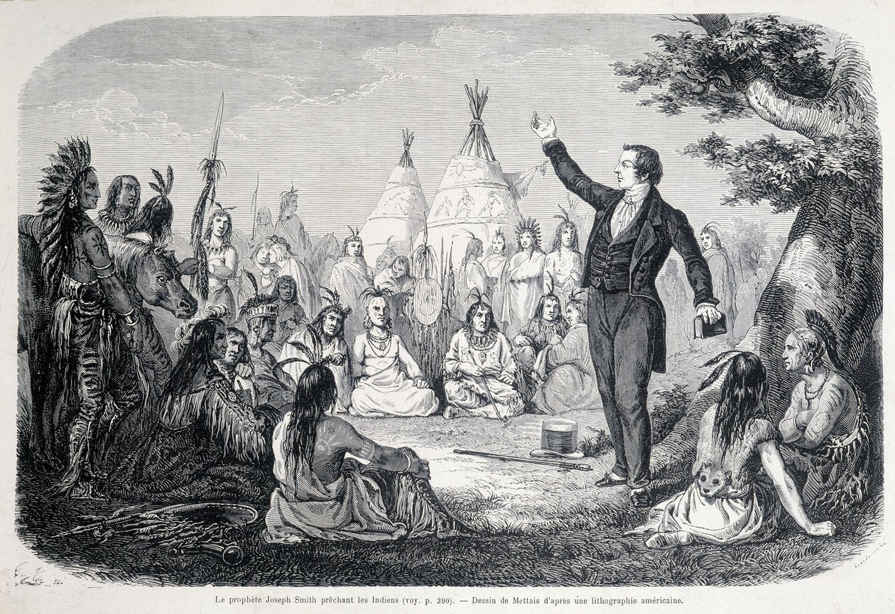 De Mormoonse Profeet Joseph Smith predikt de Indianen (Noord-Amerika). Illustratie uit de 19e eeuw. door Unknown artist