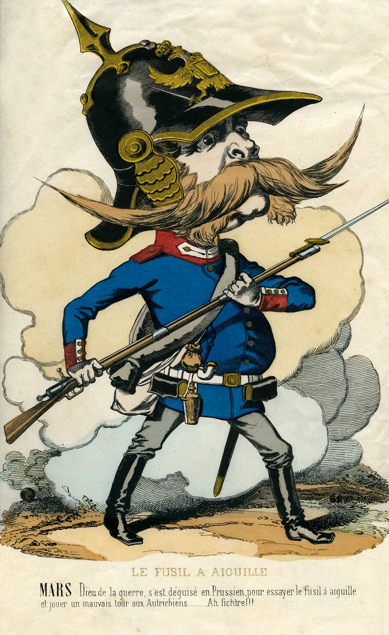 Het naaldgeweer - Portret van Otto Von Bismarck (1815-1898) kanselier van Pruisen - Mars, god van de oorlog, vermomd als Pruis om het naaldgeweer te proberen en de Oostenrijkers een streek te leveren... Karikatuur door Unknown artist