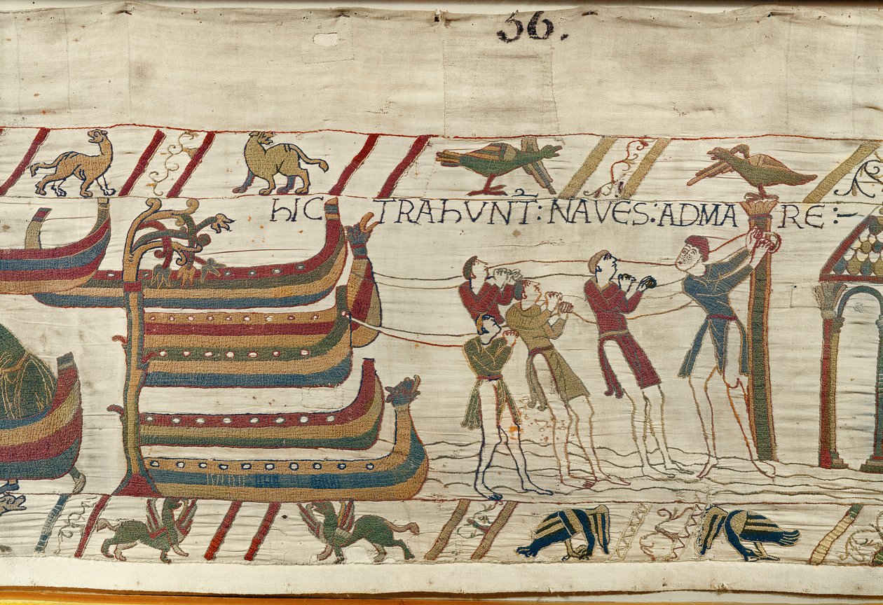 De Noormannen trekken hun schepen naar zee, Tapijt van Bayeux door Unknown artist