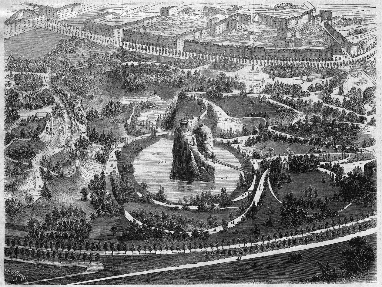 Het Parc des Buttes Chaumont, een openbare tuin in het 19e arrondissement van Parijs, gebouwd op initiatief van Napoleon III, gecreëerd door Baron Haussmann. door Unknown artist