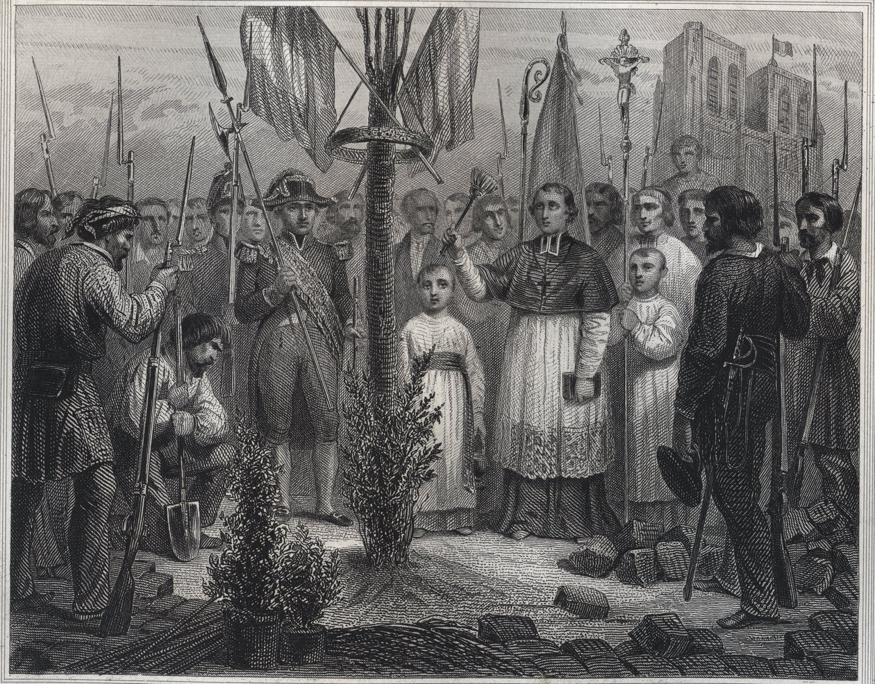 De aanplant van een vrijheidsboom tijdens de revolutie - gravure in 