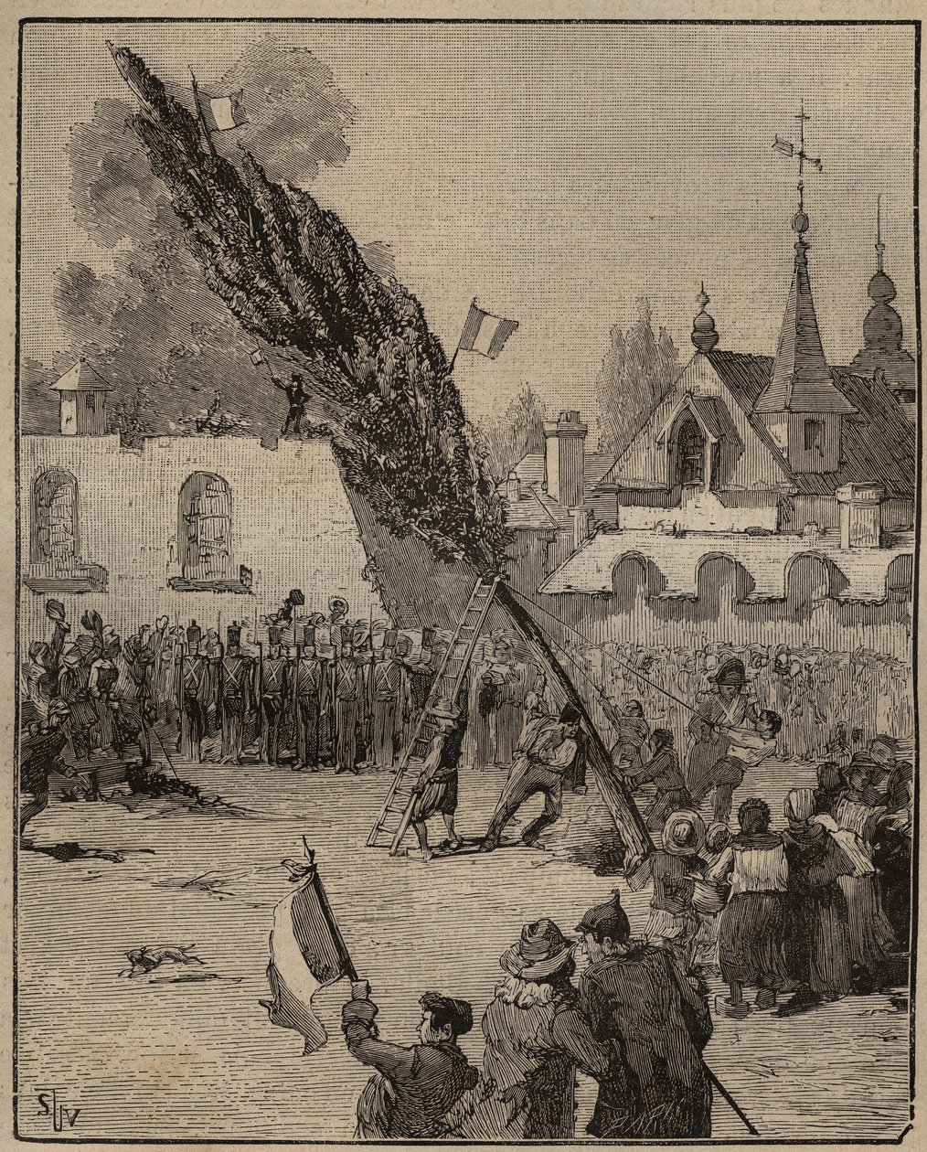 De aanplanting van een vrijheidsboom tijdens de revolutie - aanplanting van een vrijheidsboom (populier) in Frankrijk. Gravure uit 1885 in 