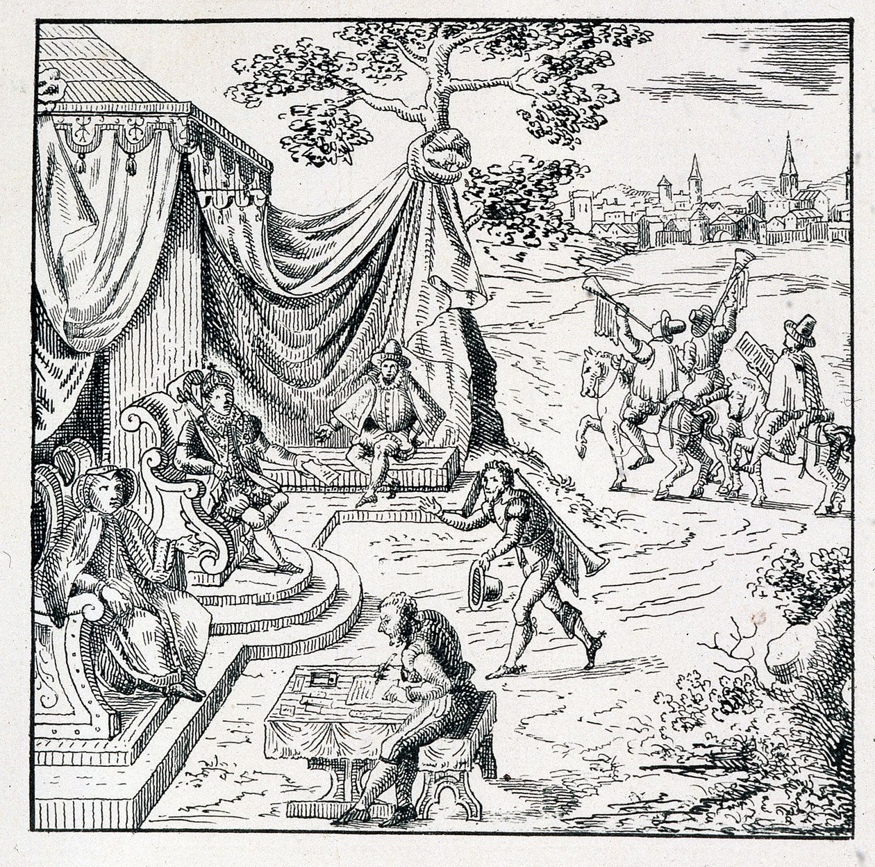 De Prins van Condé verkreeg van Karel IX (1550-1574) een edict waarmee hij de Calvinisten toestond hun religie in het koninkrijk uit te oefenen (Vrede van St Germain ondertekend 08/08/1570) - in "Collection of 39 figures representing the calamities of Fran door Unknown artist