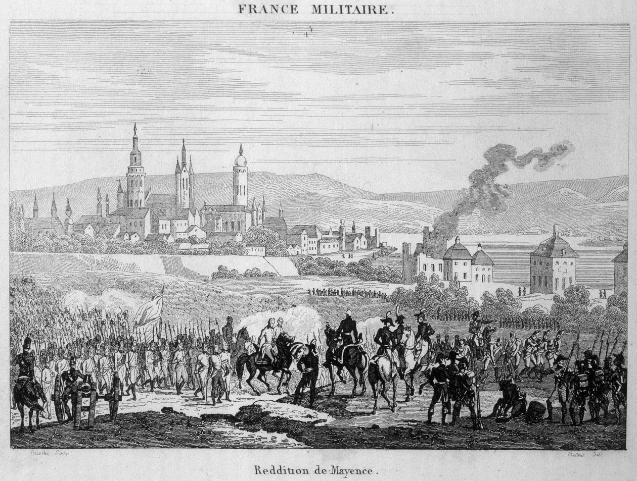 De Pruisische troepen namen de stad Mainz (of Mainz) in Duitsland over van de Fransen, juli 1793. Gravure uit de 19e eeuw door Unknown artist