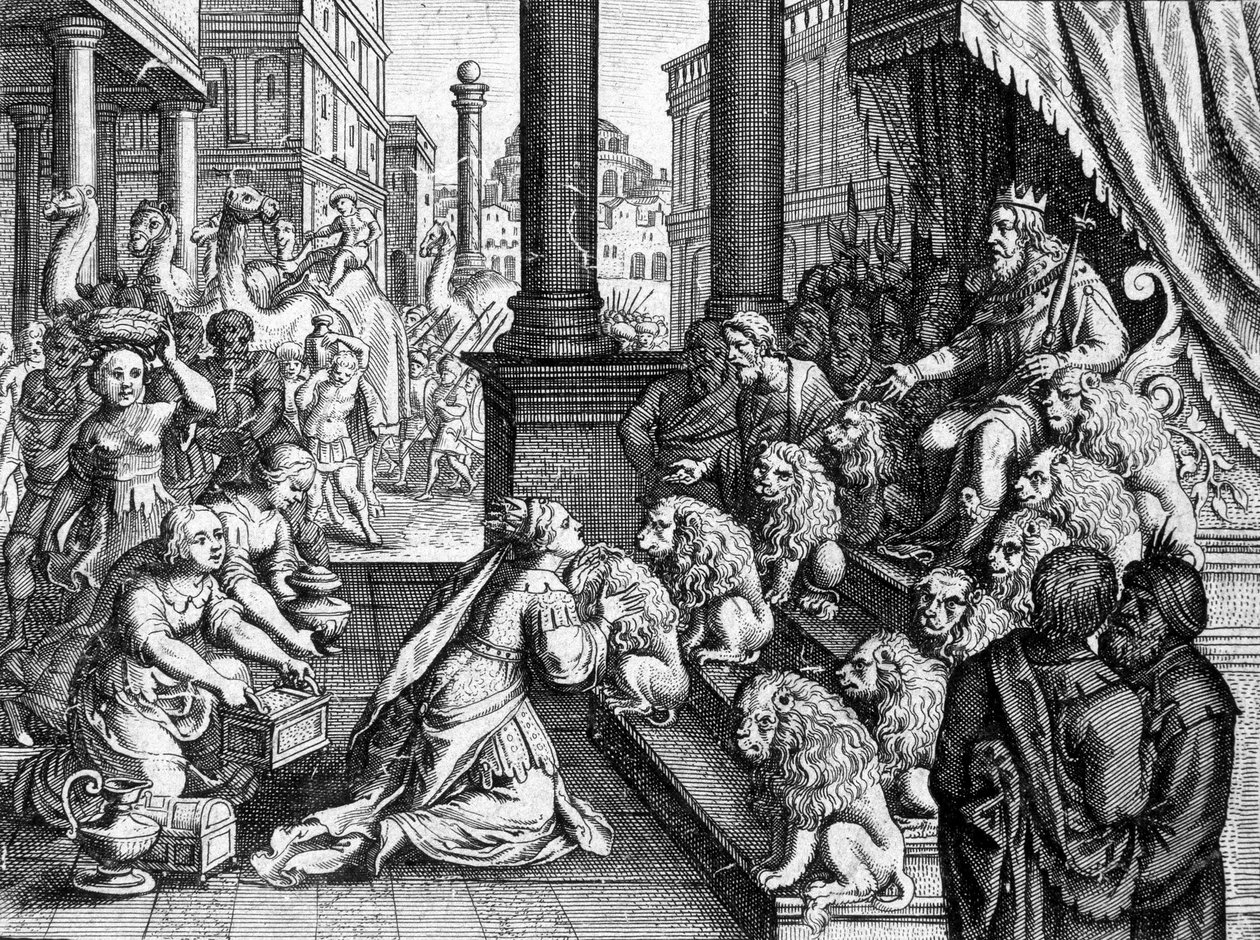 De koningin van Sheba voor koning Salomo - gravure uit een 17e-eeuwse bijbel door Unknown artist