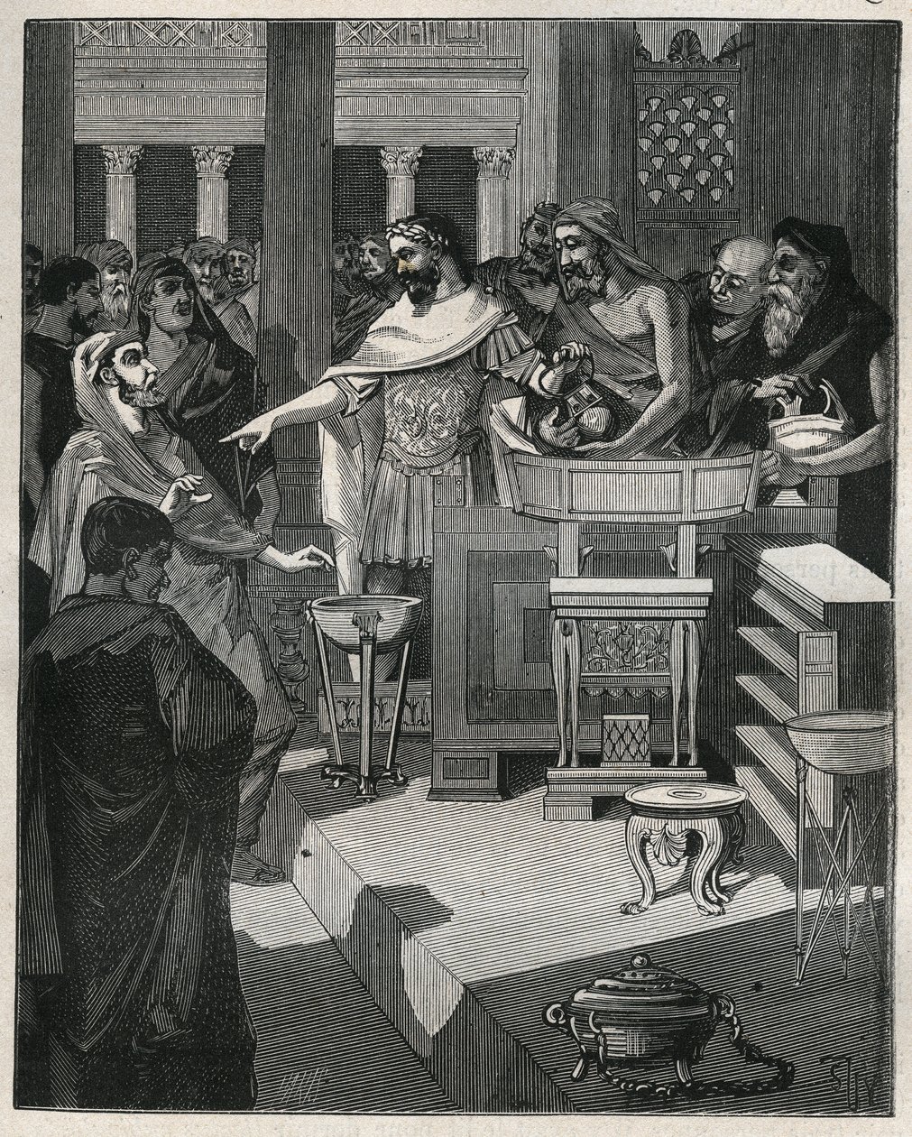 De Romeinse keizer Caligula in een brocanteur in Romeins Gallië. Gravure uit 1885 in 