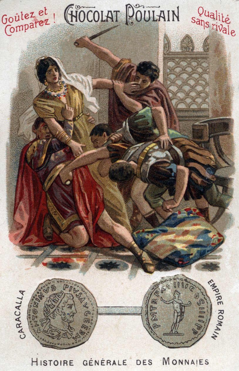 De Romeinse keizer Caracalla (188-217) vermoordde zijn broer Geta in de armen van zijn moeder. In Algemene Geschiedenis van Munten. Chocolade-foal chromolithografie van het einde van de 19e eeuw. Privécollectie. door Unknown artist